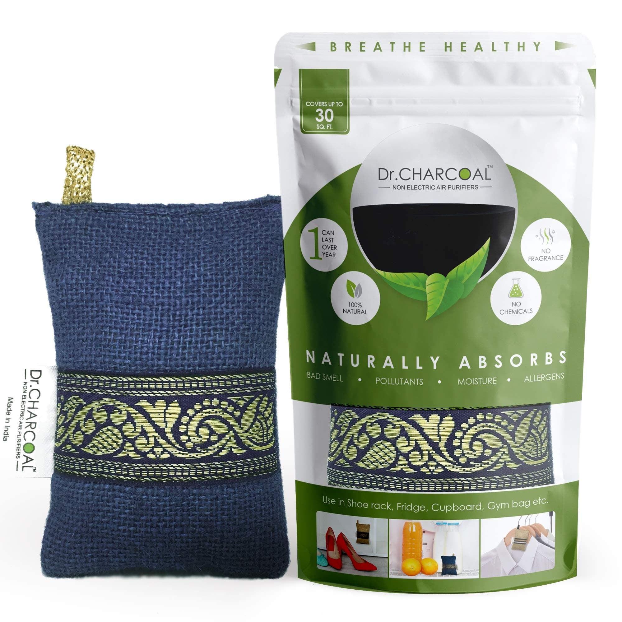 Dr CHARCOAL Fridge Deodorizer, Keeps Your Refrigerator and Freezer Fresh, Dry and Odor Free For 1 Year. 75gm, Long Lasting Activated Charcoal Bag| More Powerful than Baking Soda to remove Bad Smell