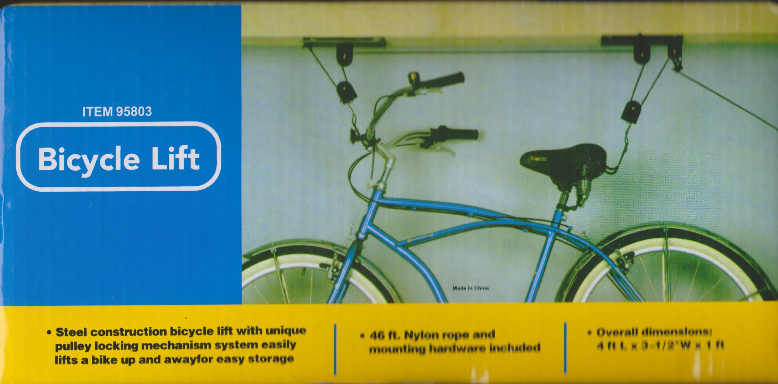 Harbor Freight Tools Garage Ceiling Mount Bicycle Lift Hoist Storage System - Blue, Metal, 4 ft. L x 3-1/2" W x 1" H