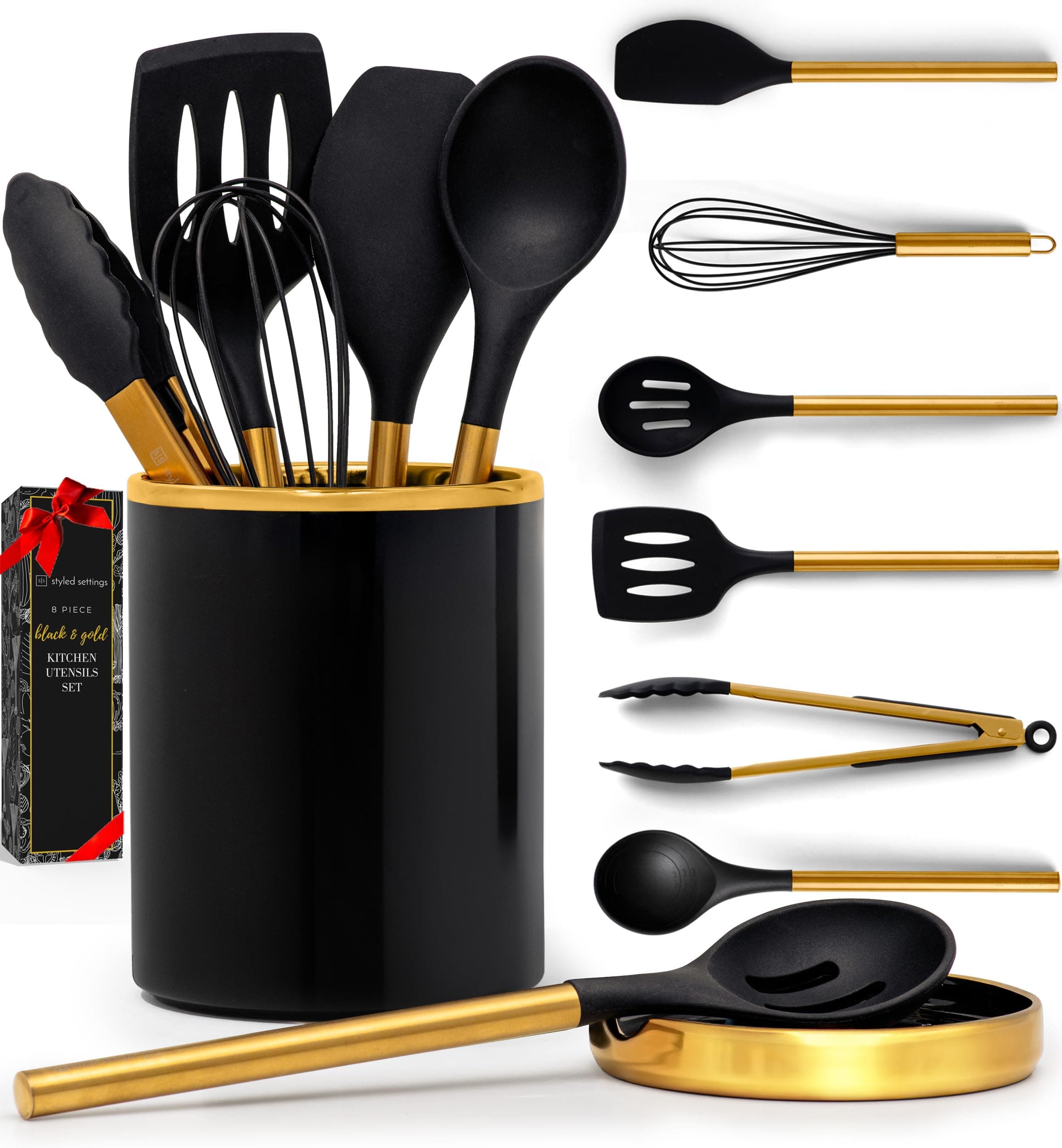 STYLED SETTINGS Black and Gold Kitchen Utensils Set – 8 Piece Silicone Cooking Utensils with Gold Handles, Black Ceramic Utensil Holder & Spoon Rest – Heat Resistant, Nonstick Safe, Sleek Storage