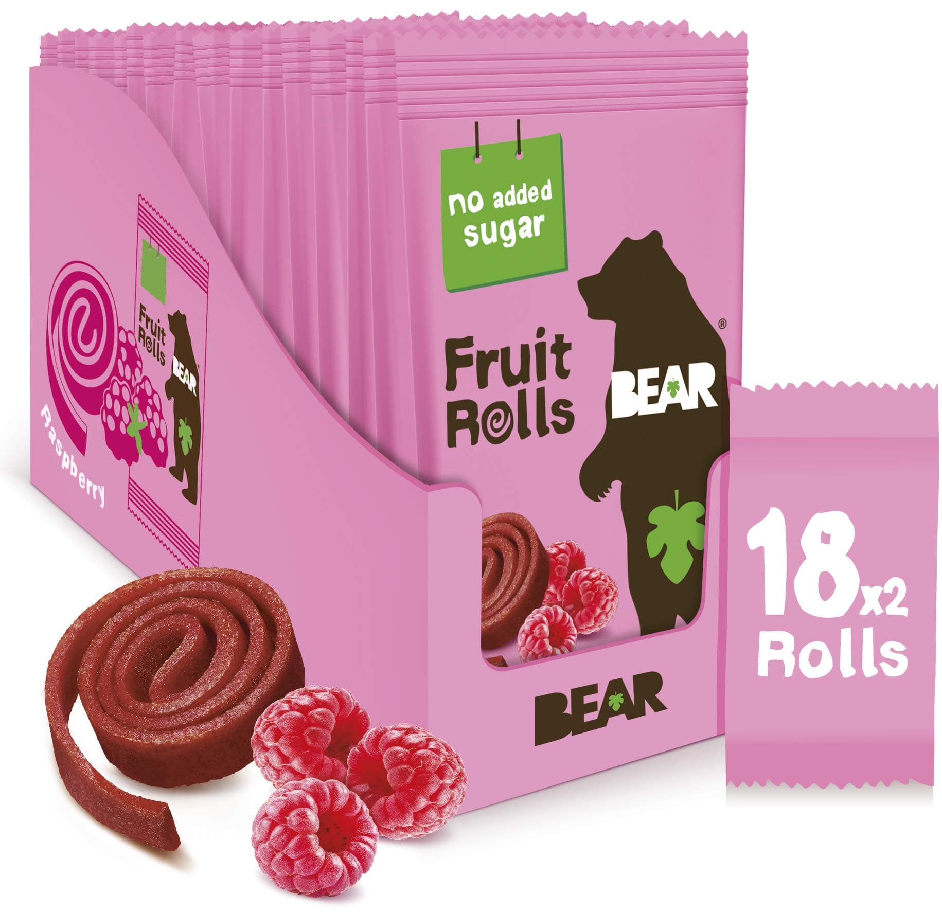 BEAR Fruit Rolls Raspberry 100% Natural Ingredients No added sugar Healthy School And Lunch Snacks For Kids And Adults 18 x 20g