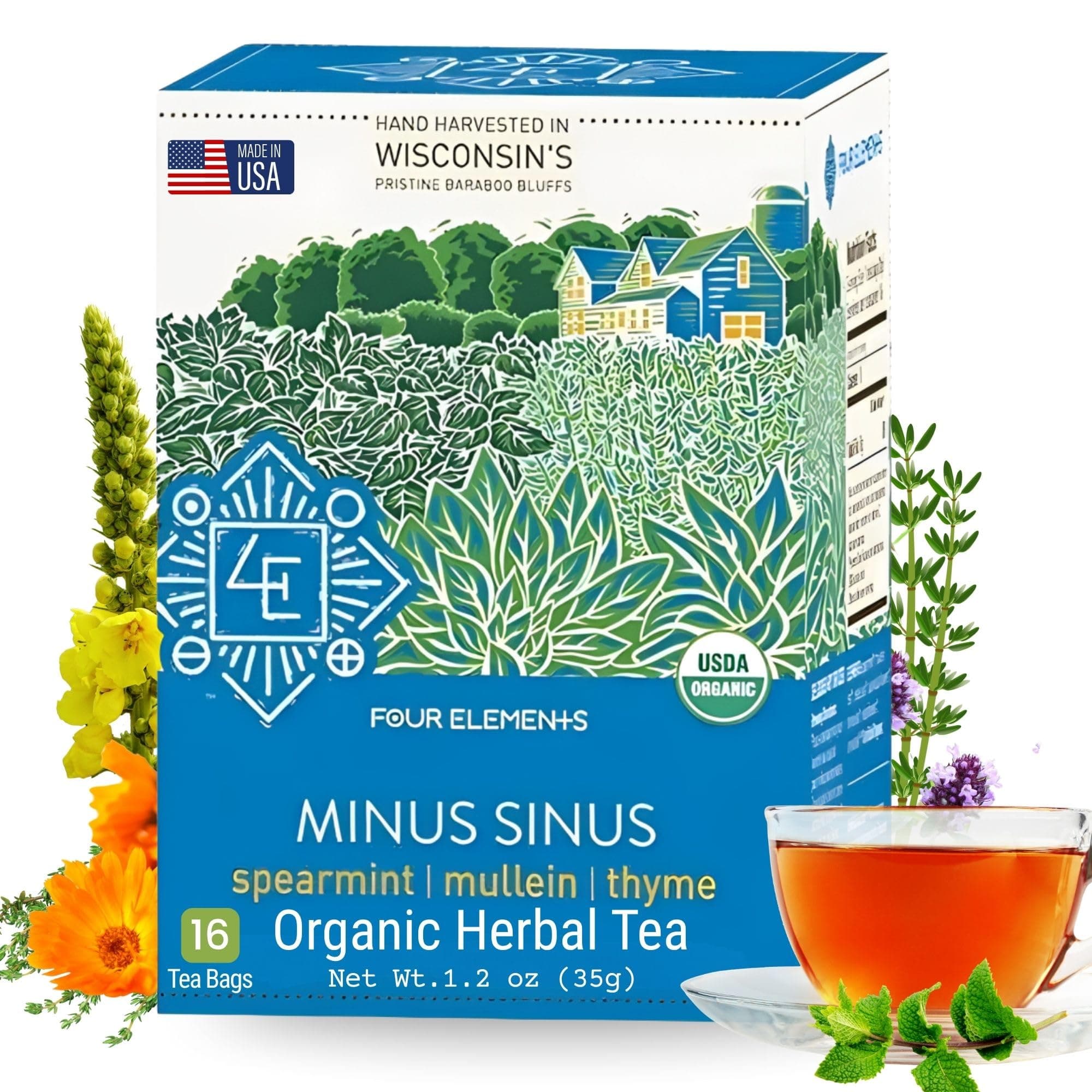- Four Elements Minus Sinus Tea [16 Teabags, 1.2 oz] | Organic Spearmint Tea with Mullein & Thyme | Caffeine Free Herbal Blend with Refreshing Aroma & Comforting Flavor | Enjoy Hot or Iced Latte