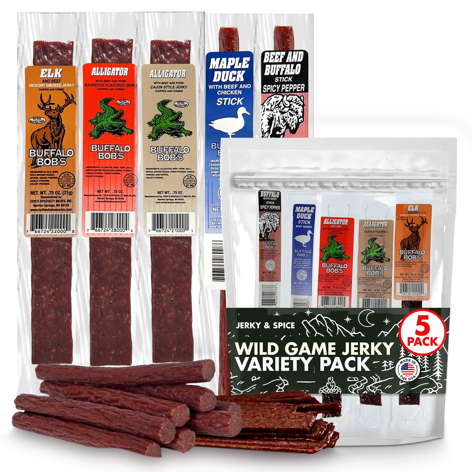 Wild Game Meat Snacks (5 Pack) Exotic Variety Assortment Sampler, HIgh Protein, Gift for Men/Dad, Stocking Stuffer, Adventure Enthusiast, Unique Snacks