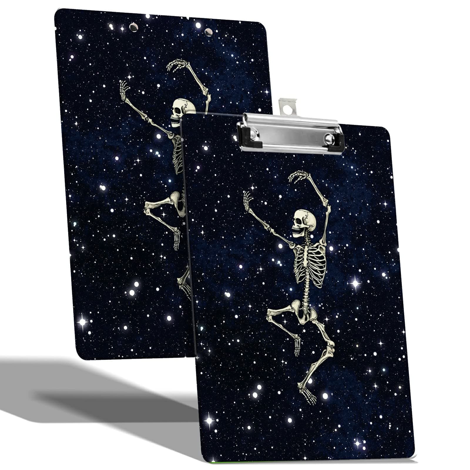A4 Size Clipboard with Hanging Hook and Low Profile Clip, Plastic Nurse Clipboard Writing Drawing Board with Double-Sided Dance Skull Print for Woman Kids Office School Use