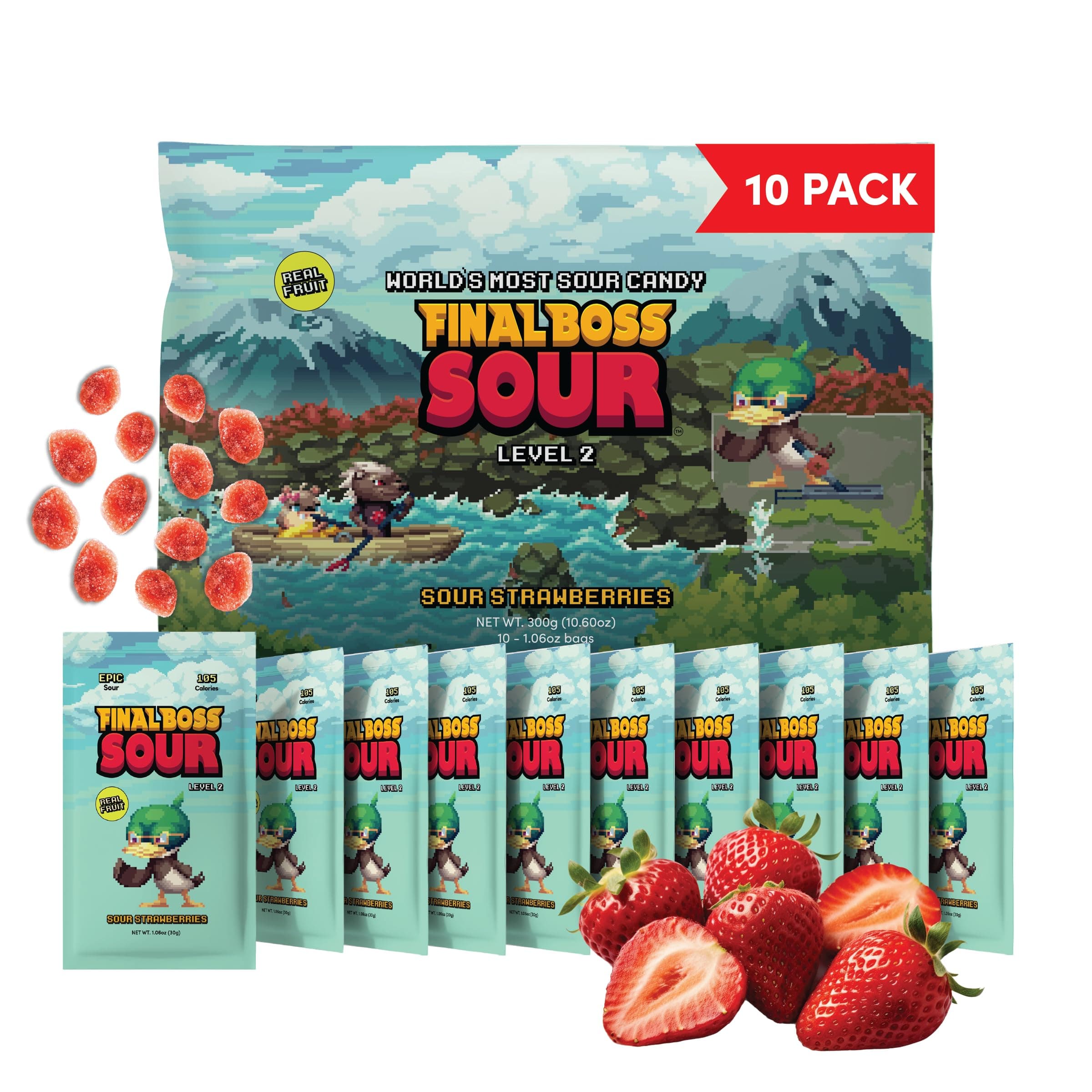 Final Boss Sour Candy, Sour Strawberries, 10 Pack, Level 2, Fruit Chews with Real Dried Fruit, No Artificial Colors or Flavors, Low Calorie Snack for Kids, Teens, Adults, Lunch Boxes