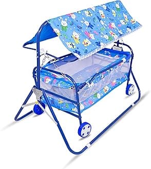 Baby Cradle with Swing and Mosquito Net, Four Wheels for 0-13 Months Baby Boys and Baby Girls