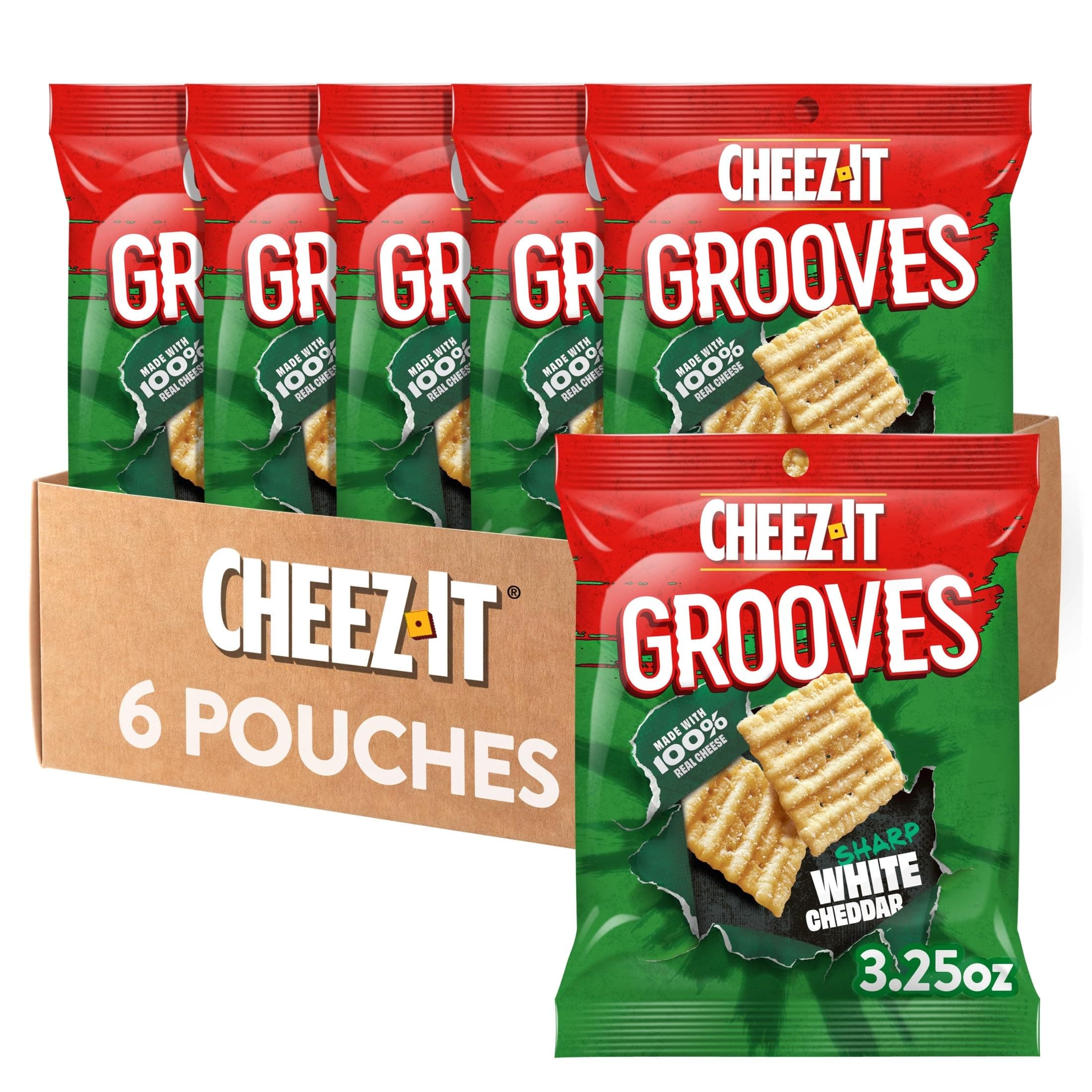 Cheez-It Grooves Crunchy Cheese Crackers, Snack Crackers, Lunch Snacks, Sharp White Cheddar (6 Pouches)
