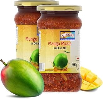 Ashoka Mango Pickle | Authentic Indian Pickle Recipe | All Natural | Indian Food | Medium Spiced | Great for Seasoning | Vegan | Kosher Certified | 300 Grams Glass Jar (Pack of 2)