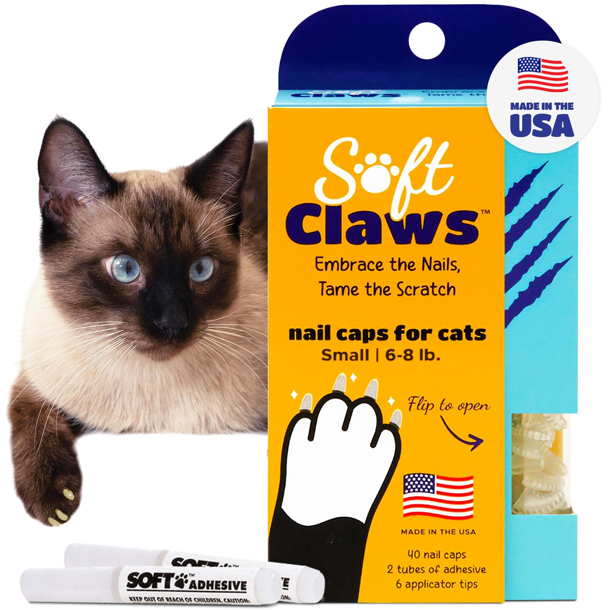 Soft Claws Cat Nail Caps for Small Cats – (40 Caps, Clear) - Made in USA - Veterinarian-Developed, Non-Toxic | Protects Furniture & Skin - Easy to Apply, Long-Lasting Anti-Scratch Soft Cat Claw Covers