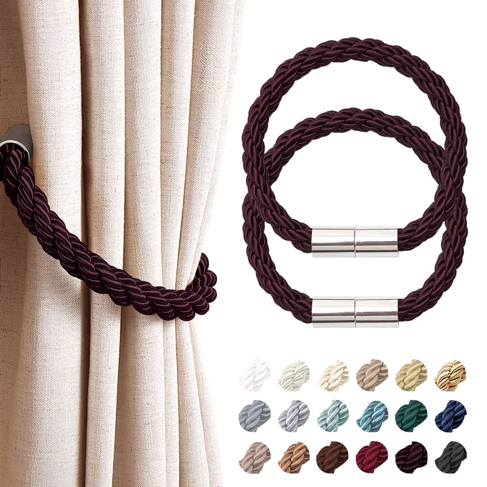 NICEEC 2 Pack Strong Magnetic Curtain Tiebacks Modern Simple Style Drape Tie Backs Convenient Decorative Weave Rope Curtain Holdbacks for Thin or Thick Home & Office Window Draperies (Deep Purple)