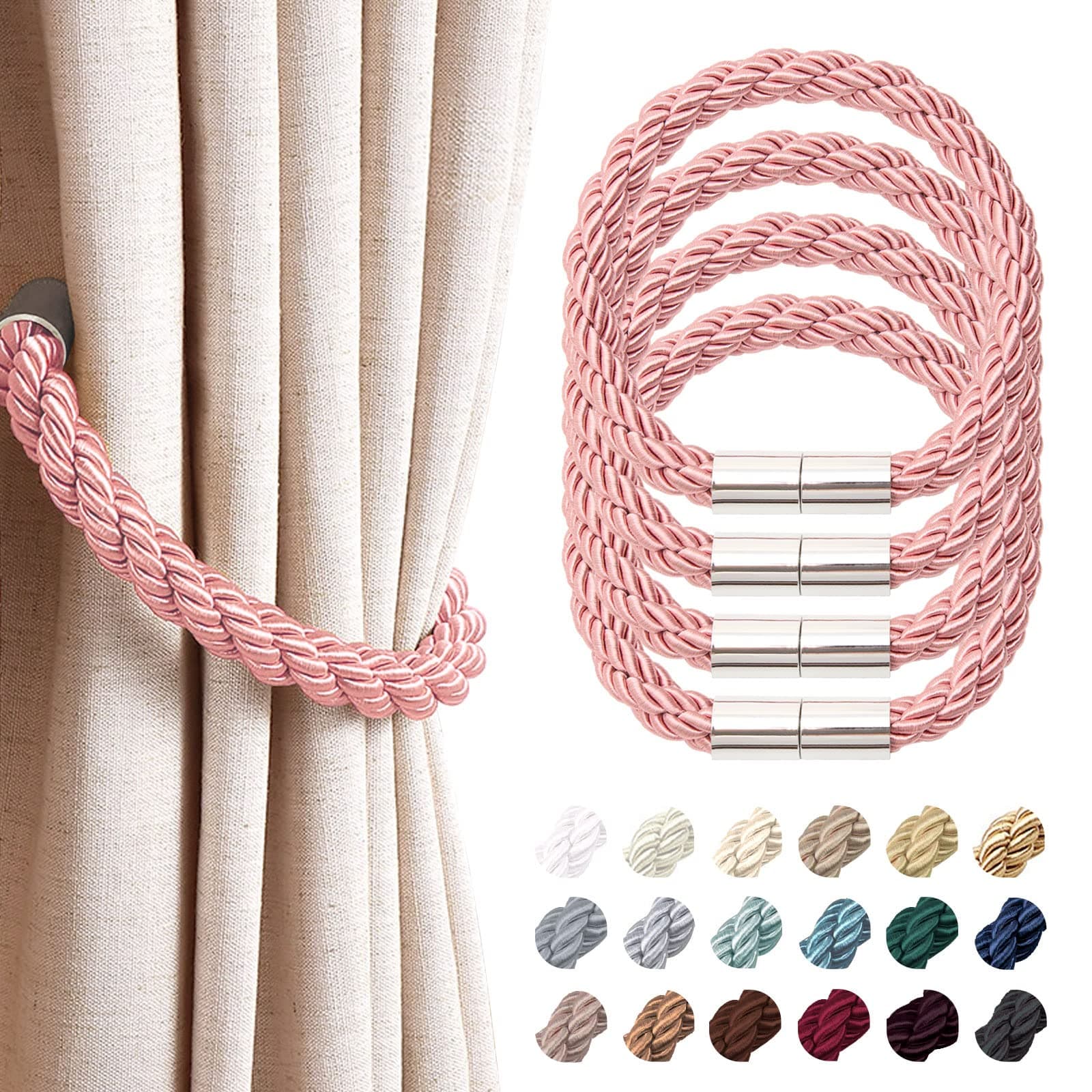 NICEEC 4 Pack Strong Magnetic Curtain Tiebacks Modern Simple Style Drape Tie Backs Convenient Decorative Weave Rope Curtain Holdbacks for Thin or Thick Home & Office Window Draperies (Pink)