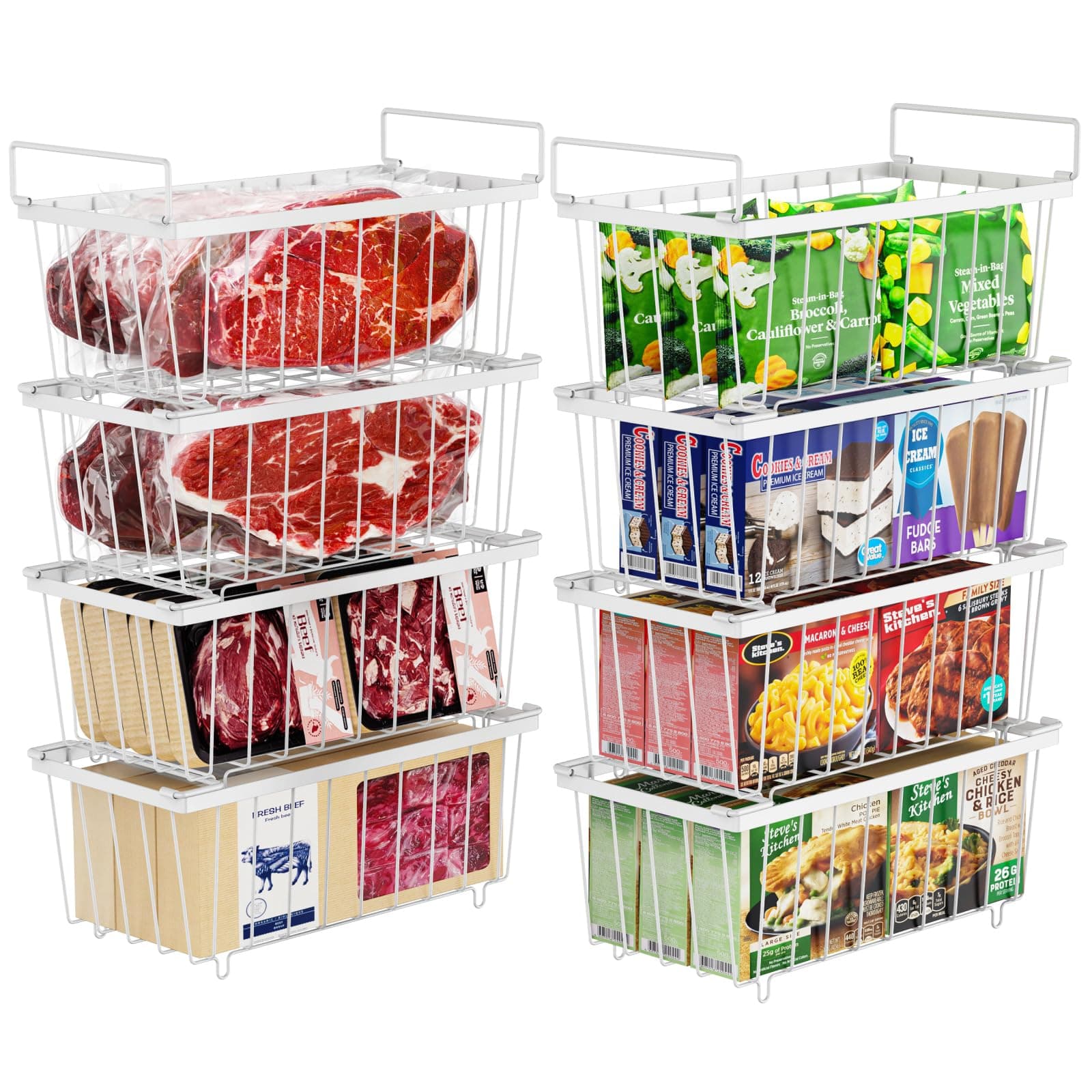 iSPECLEChest Freezer Organizer Bins - 8 Pack Small Stackable Deep Freezer Organizer Bins for Most 7 Cu.FT Freezer Sort Frozen Meats, Freezer Storage Bins Easy Access Food without Digging, White