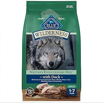 Blue Buffalo Wilderness Natural High-Protein Dry Food for Adult Dogs, with Wholesome Grains, Duck, 28-lb Bag.