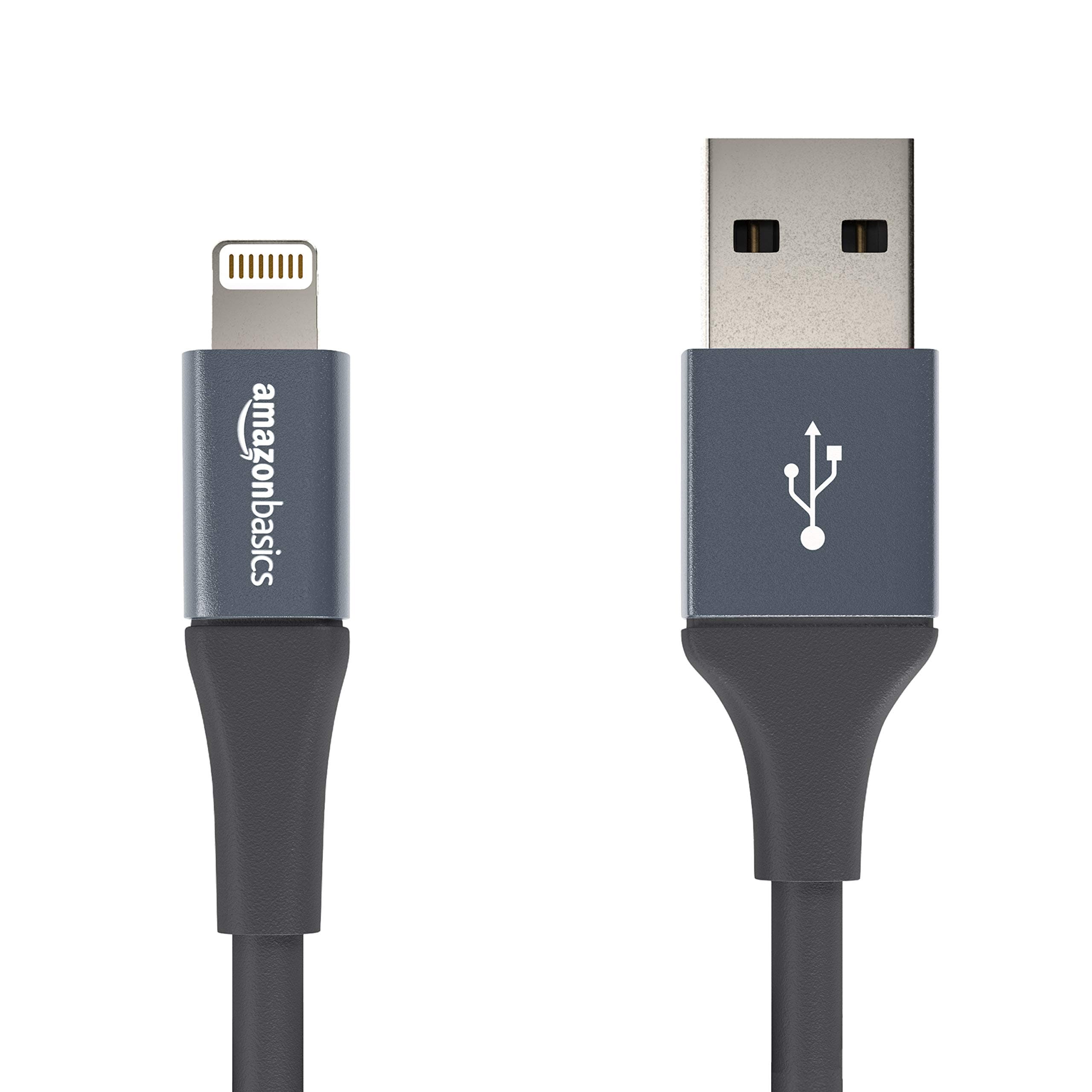 AmazonBasics USB A Cable with Lightning Connector, Premium Collection - 4 Inches (10 Centimeters) - 2-Pack - Gray