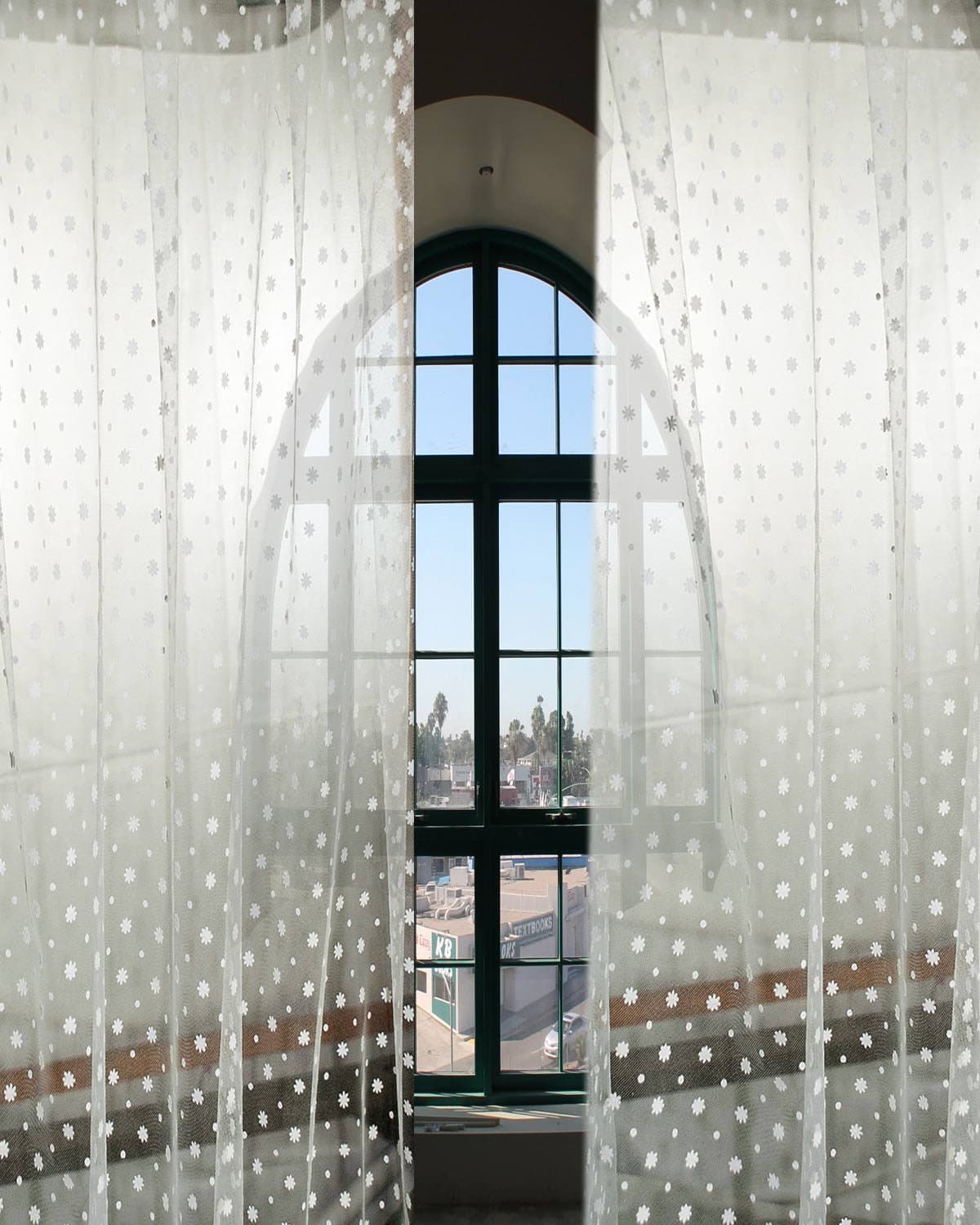 White Printed Bed room window netted sheer curtain panel (52"W X 84"L)