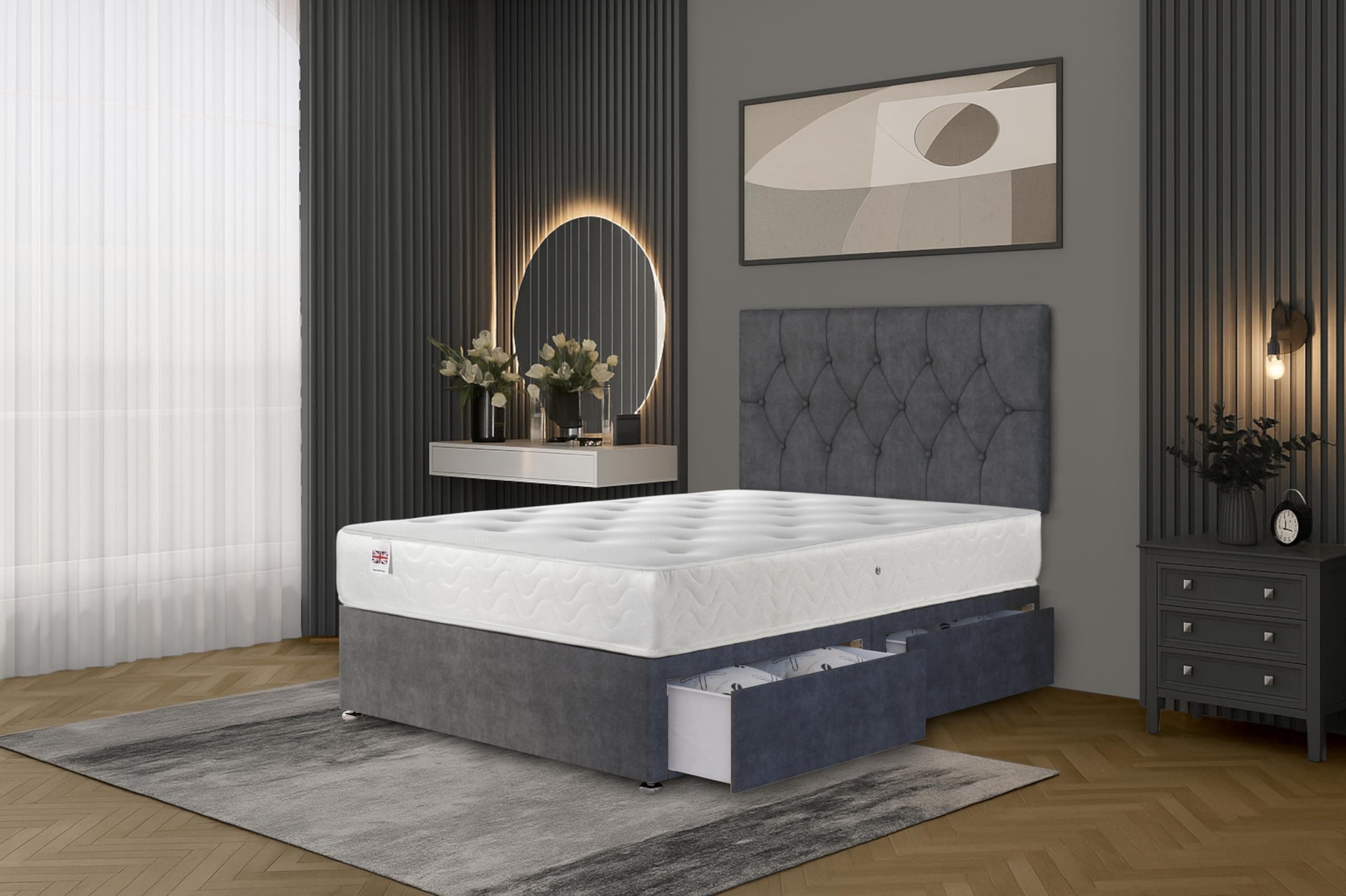 Ziggy Grey Plush Single Divan Bed Set with 24 cm Sprung Memory Foam Mattress, 2 Same‑Side Drawers & Headboard – Space‑Saving Storage for Small Rooms (90×190 cm) | UK Made