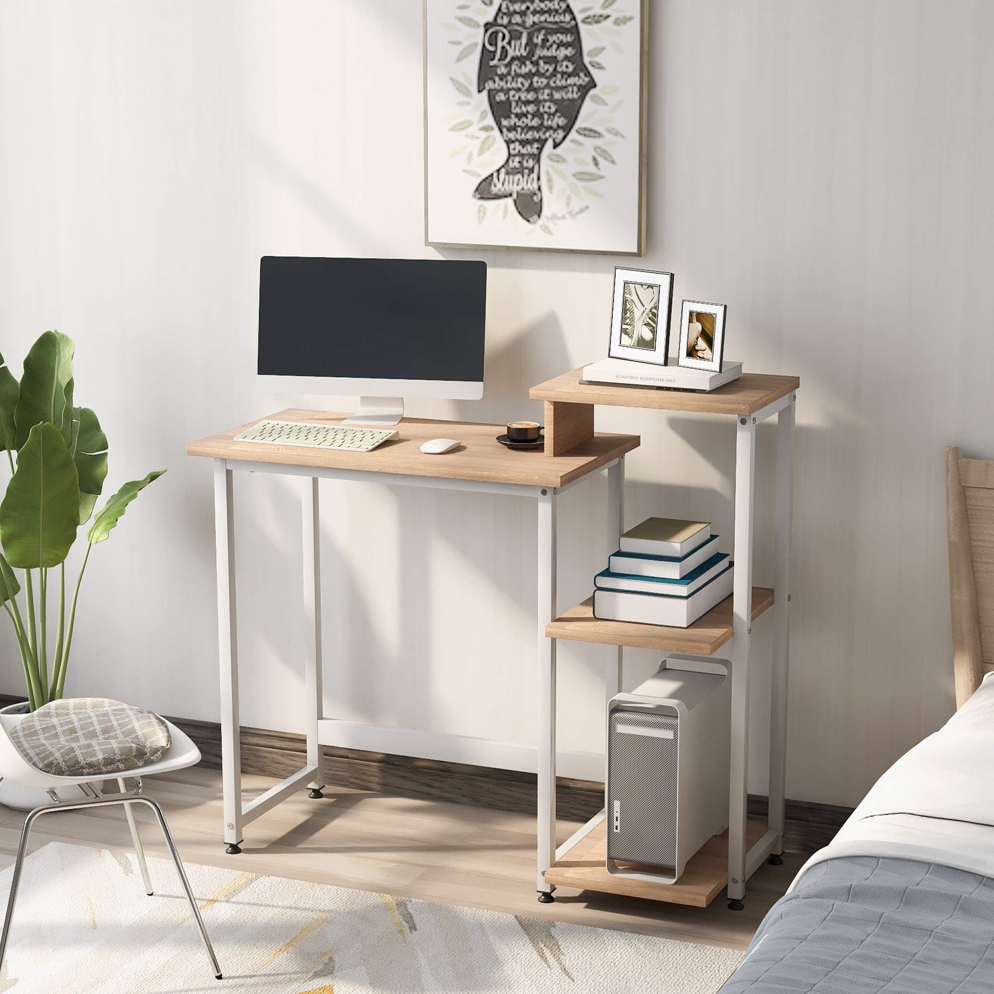 Computer Desk With 3 Tier Storage Shelves, Office Work Desk for student and worker, Student Study Table with Bookshelf Modern Wood Writing Desk PC Laptop Table for Small Spaces Home Office Workstation