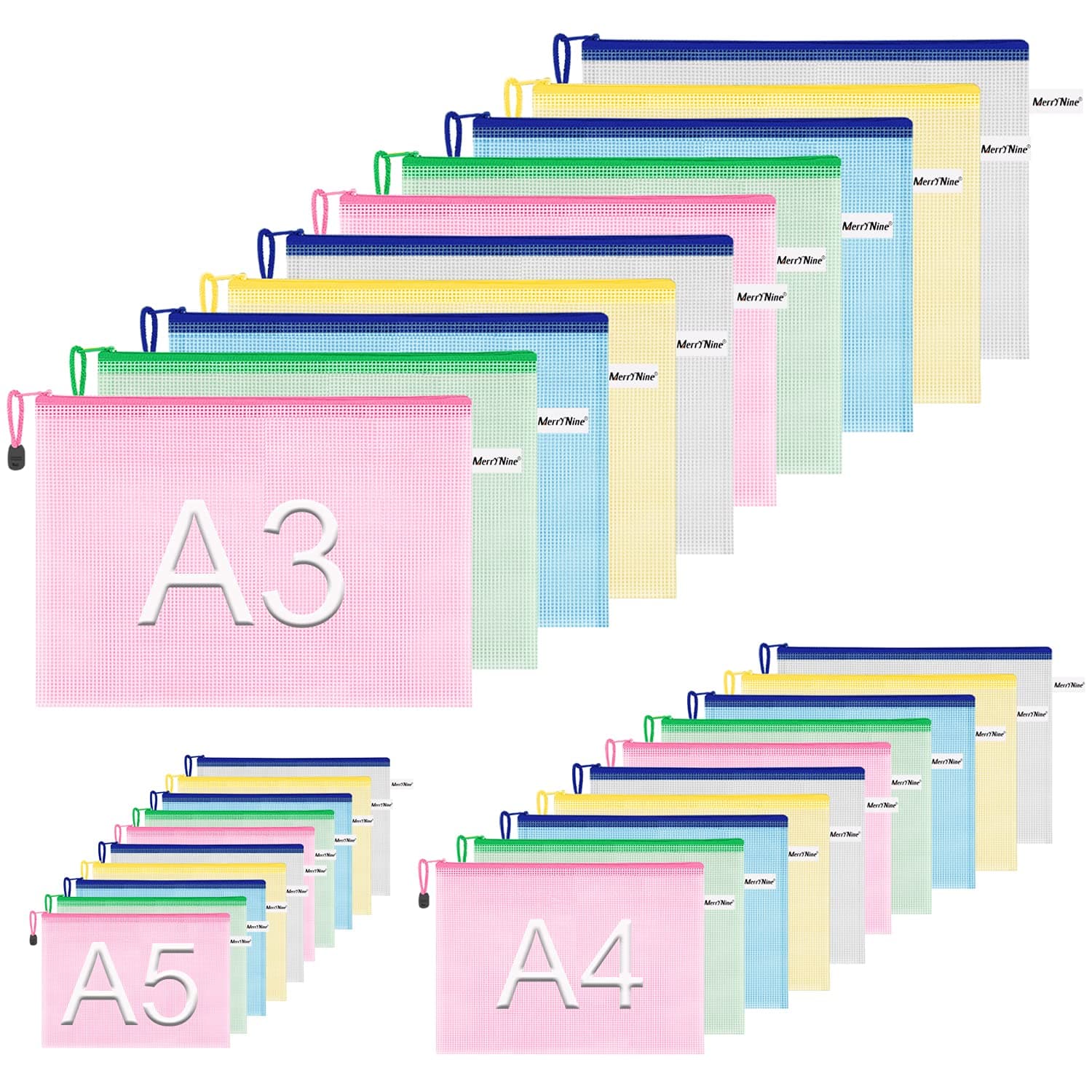 Zipper Pouch Document Bag(5 Colors,30 Pack), Letter Size Waterproof Document Pouch for School Office Supplies, Cross Stitch Organizing Storage(A3-10Pack, A4-10Pack, A5-10Pack)