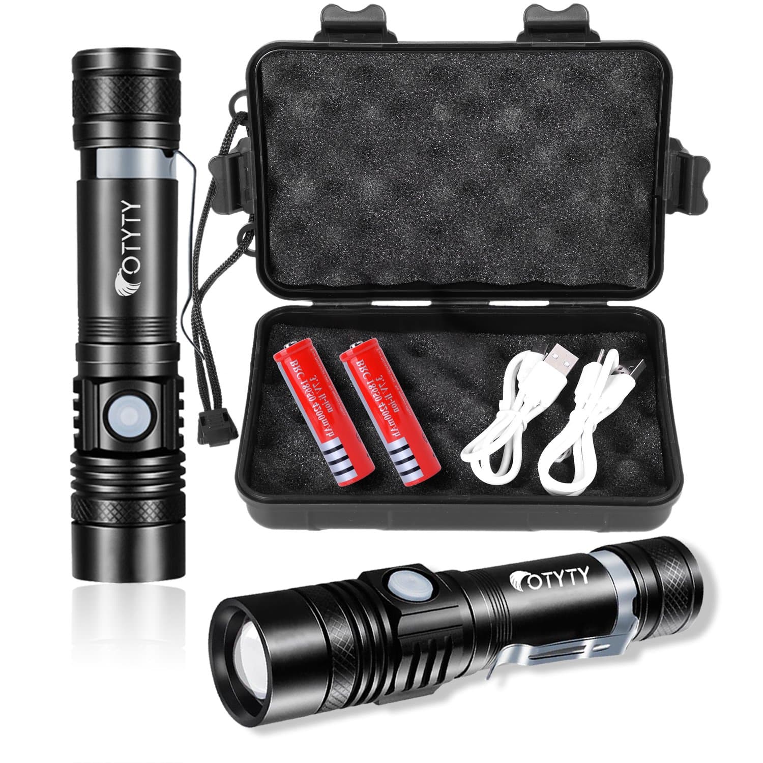 OTYTY USB Rechargeable LED Flashlight, Super Bright High Powered 1000 Lumen Tactical Flashlights Torch with 3 Modes, Pocket Clip, 18650 Battery and USB Cable For Camping Hiking (2 Pack).