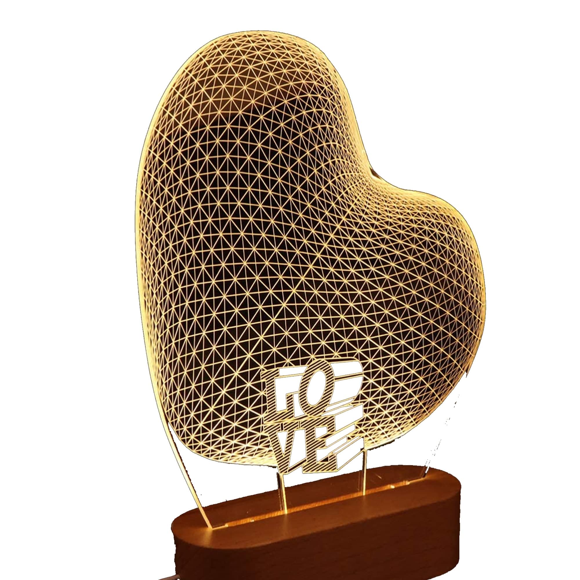 3D Night Light | Romantic Heart Shape Illusion Lamp | USB Powered Visual LED Light with Wooden Base | Gift for Her, Girlfriend, Valentine, Anniversary
