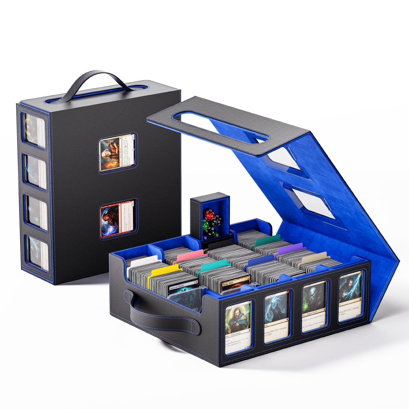 Trading Card Storage Box – 3500+ Magnetic MTG Deck Box with Handle,Commander & Toploader Display, Dice Box,4 Dividers & 30 Color Labels – Fits for TCG,MTG,Yu-Gi-Oh and Sport cards(Black/Blue)