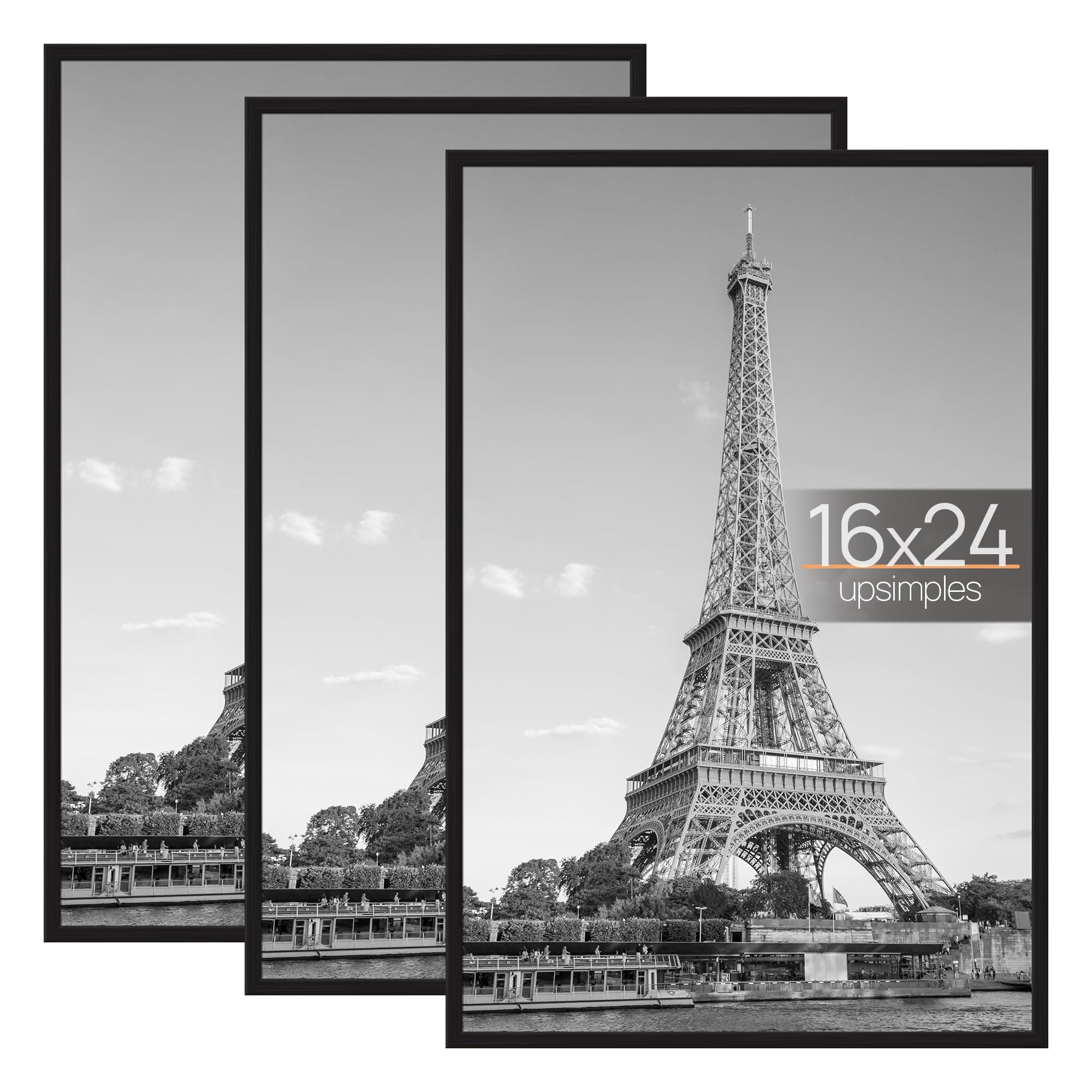 upsimples 16x24 Picture Frame Black 3 Pack, Scratch-Proof Poster Frames 16 x 24 for Photo Gallery - Slide-In Strips, Horizontal or Vertical Wall Mounting