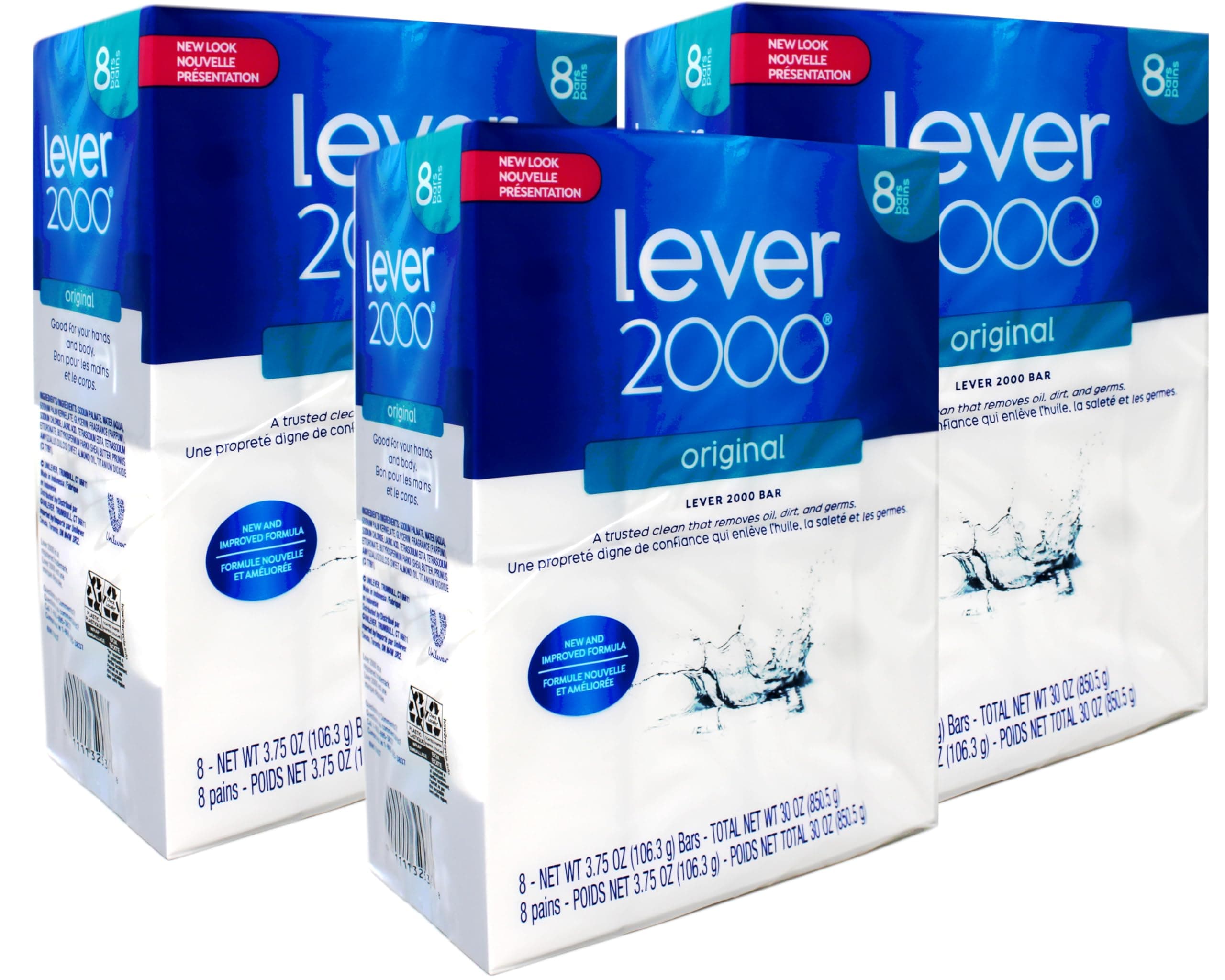 Lever 2000 Original Bar Soap, New and Improved Formula, Trusted Clean for Hands and Body, 8 Bars, 3.75 oz Each (Pack of 3)