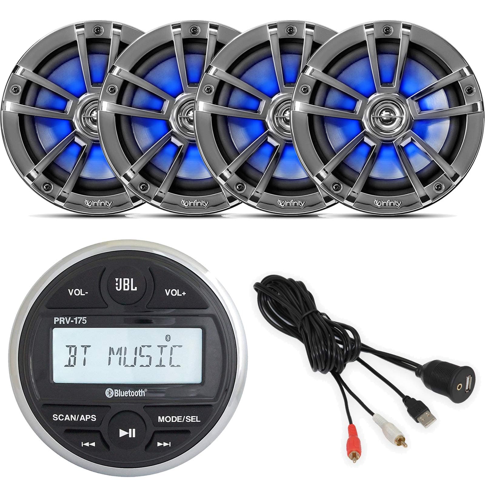 Gauge Style Marine Boat Digital Media Bluetooth Receiver Bundle Combo with 4 x Infinity Reference 6.5" High-Performance 2-Way Chrome LED Speakers, Enrock USB 3.5MM AUX To RCA Interface Mount Cable