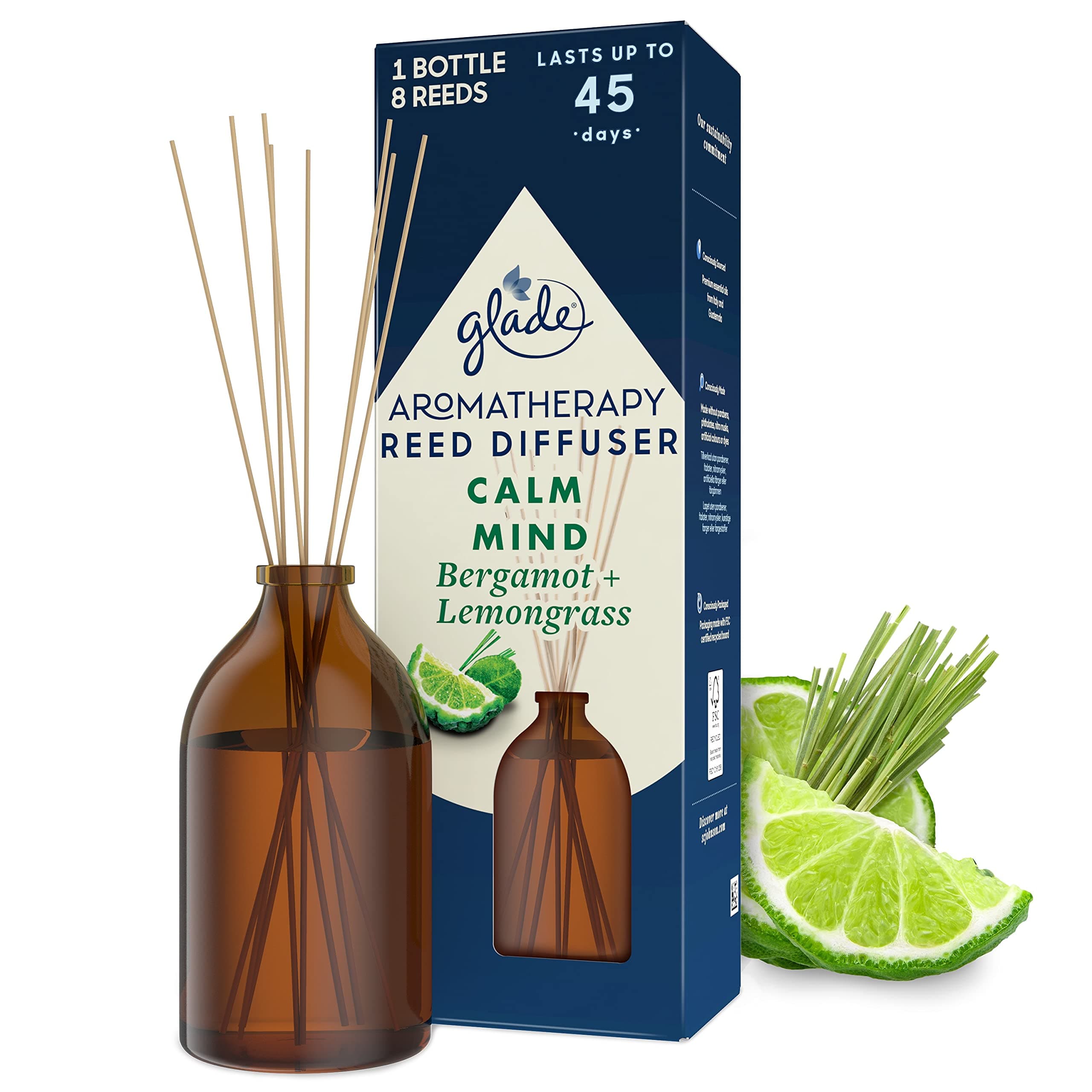Aromatherapy Reed Diffuser, Home Decor Essential Oils Diffuser Soothing Fragrance, Calm Mind with Italian Bergamot & Guatemalan Lemongrass, 80 ml