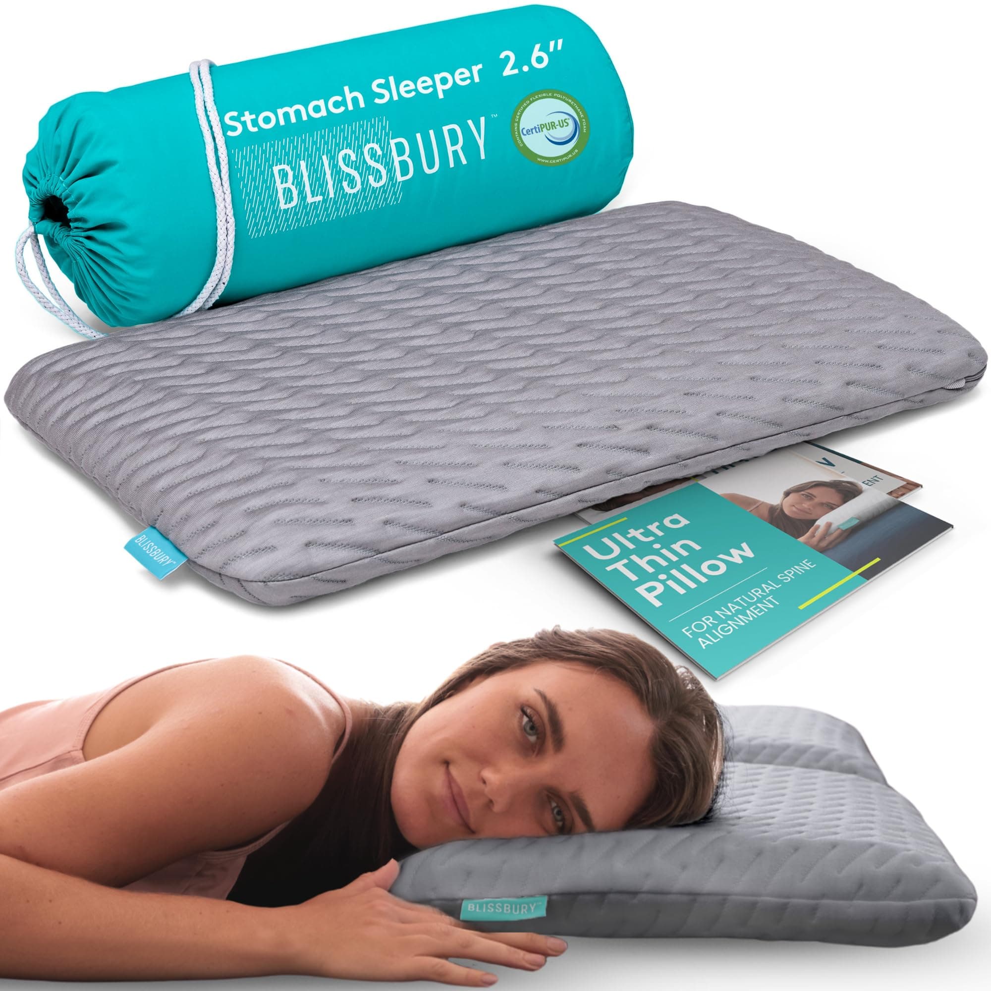 Thin 2.6" Stomach Sleeping Memory Foam Pillow. Slim, Flat, Cooling Sleep for Belly or Back with Soft Bamboo Washable Cover, Neck and Head Support for Men and Women Bedding Accessories