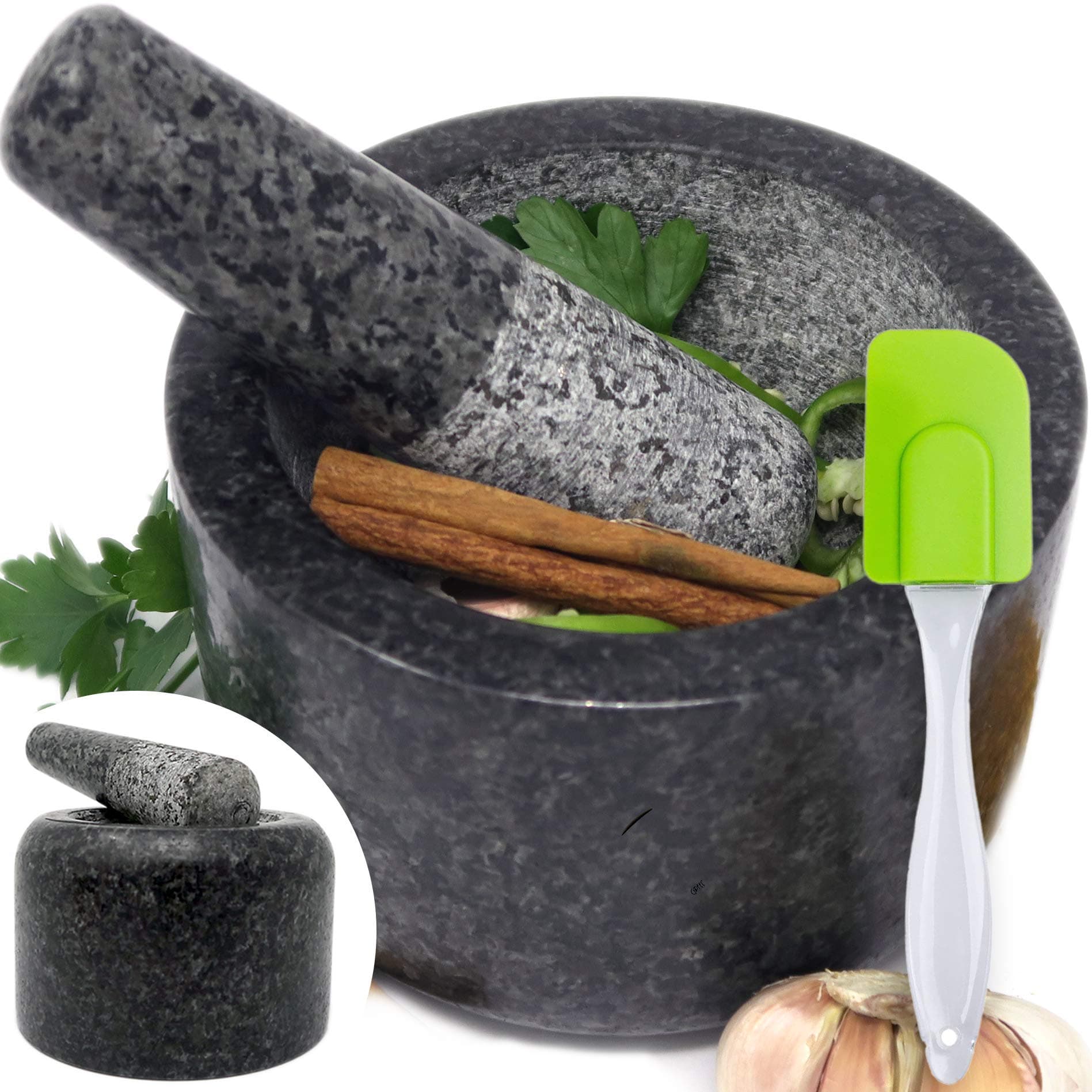 Granite Pestle and Mortar Large Set - Reversible Double Side Use, Ideal for Grinding Paste, Pounding Spice and as Pill Crusher, natural stone