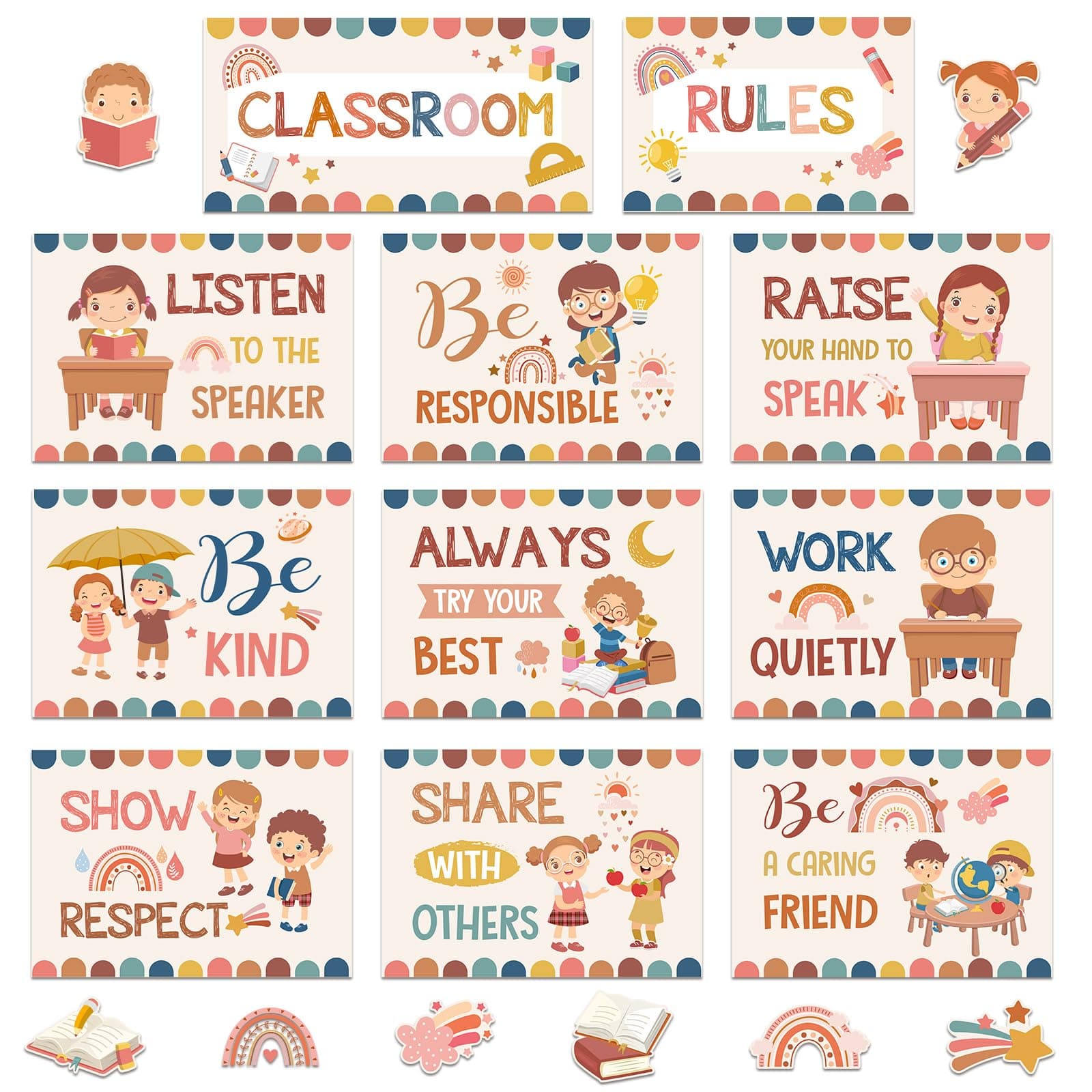 Harloon 43 Pcs Classroom Rules Posters Boho Class Rules Bulletin Board Motivational Educational Behavior Wall Decor Classroom Good Habits Banner for Student Back to School Party Wall Decor Supplies