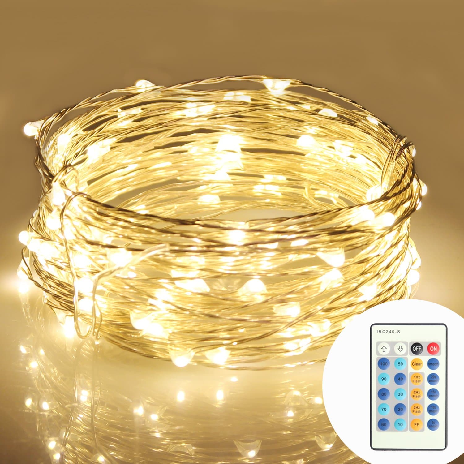 moniko String Lights with Remote Copper Wire Lights Indoor or Outdoor Christmas Lights for Bedroom Garden Patio Wedding Christmas Tree Party Waterproof 100 LEDs 33 ft with Power Adapter (Yellow)