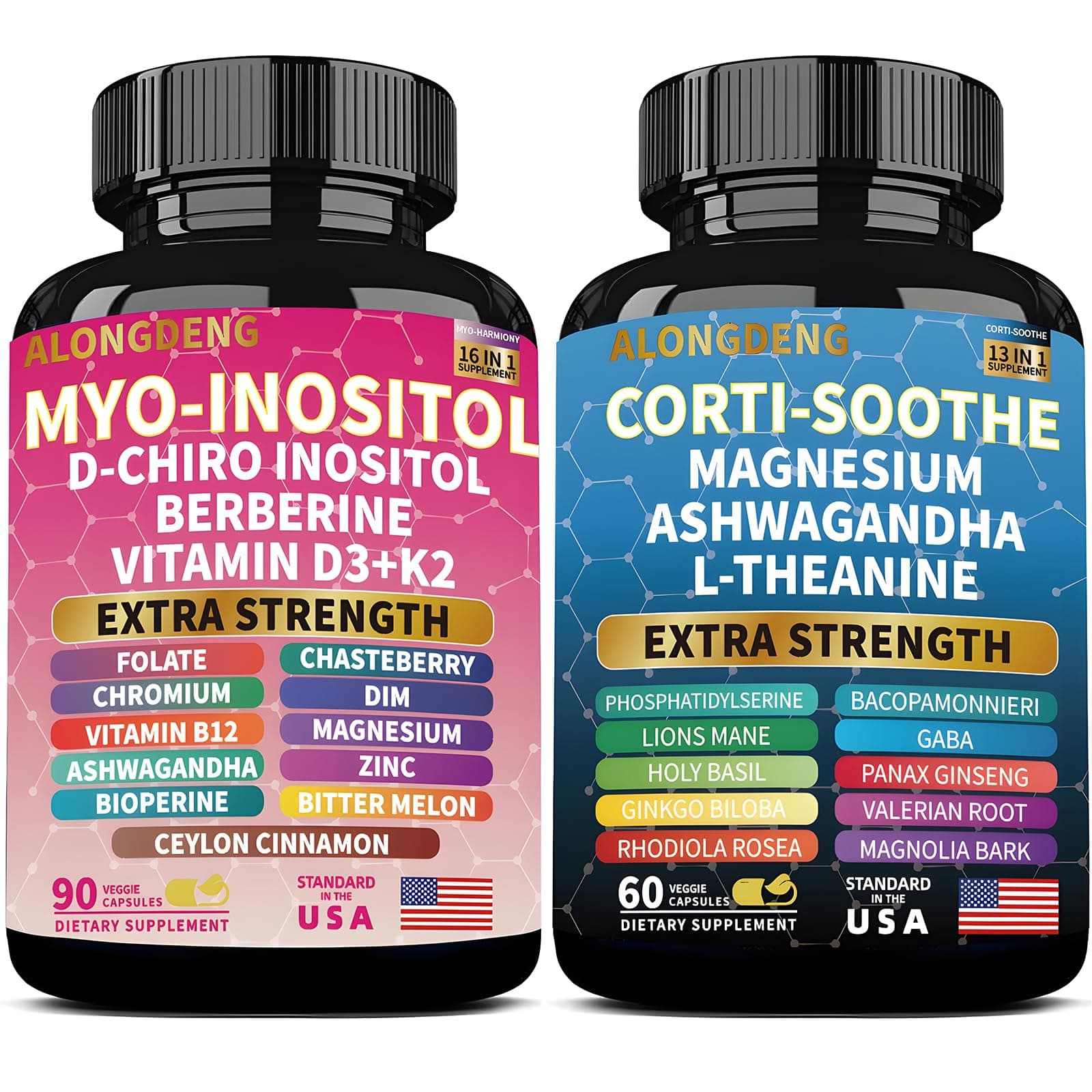 ALongDeng Soothe-Smooth Bundle,Soothe & Smooth Bundle Multivitamin Combo, Cortisol Support Myo-Inositol Multivitamin Combo with Magnesium Glycinate, Ashwagandha, L-Theanine & Herbal Blend - D