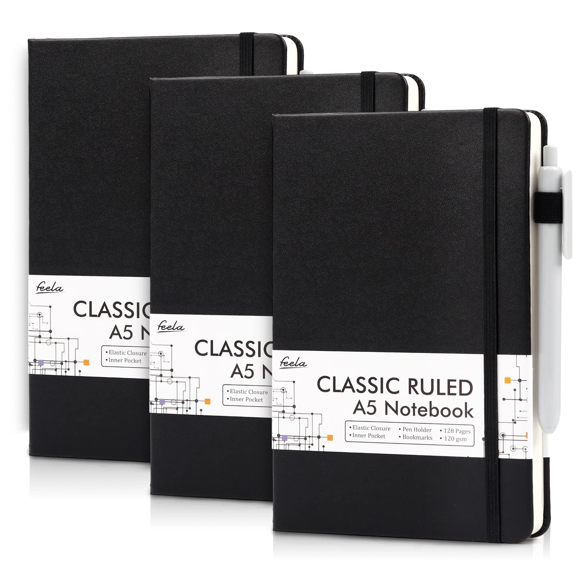 3 Pack Notebooks Journals Bulk with 3 Black Pens, A5 Hardcover Notebook Classic Ruled Lined Journal Set with Pen Holder for Work Business Journaling Note Taking, 120 GSM, 5.1”x8.3”, Black