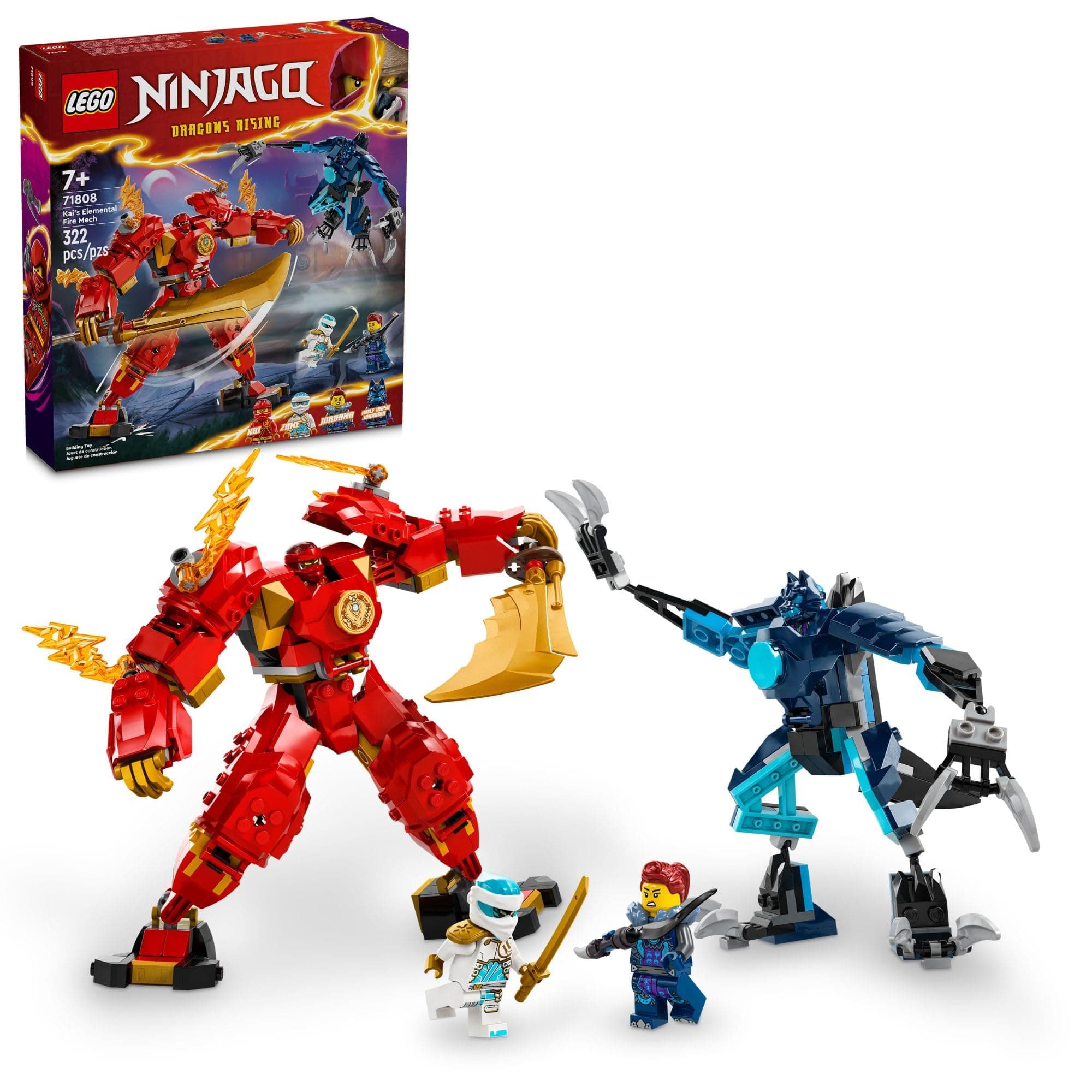 NINJAGO Kai’s Elemental Fire Mech Action Figure, Mini Ninja Toy for Kids with Customizable Red Ninja Figure plus Kai and Zane Minifigures, Adventure Set for Boys and Girls Ages 7 and Up, 71808