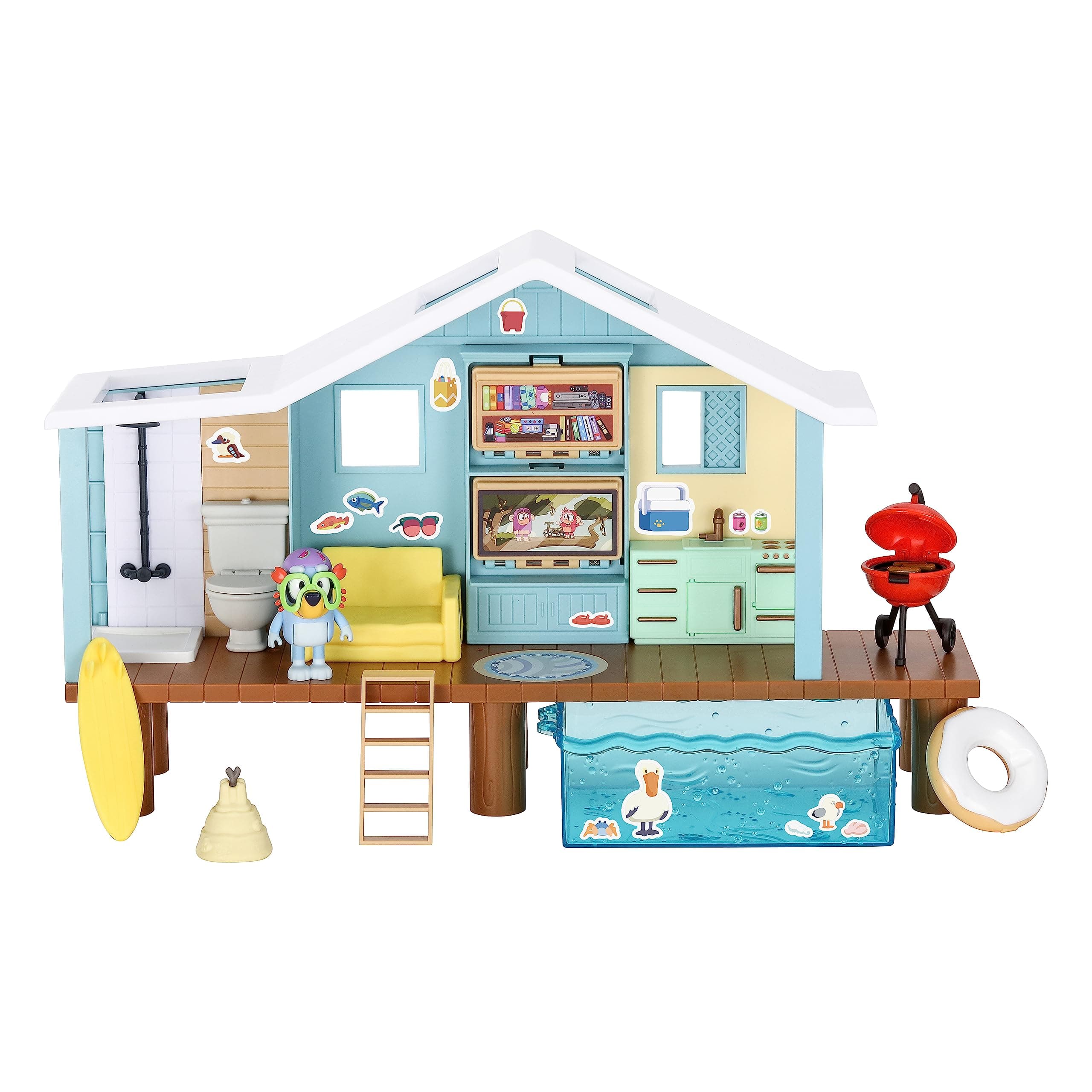 Beach Cabin Playset, with Exclusive Bluey Figure with Goggles. Includes 10 Play Pieces and Sticker Sheet.