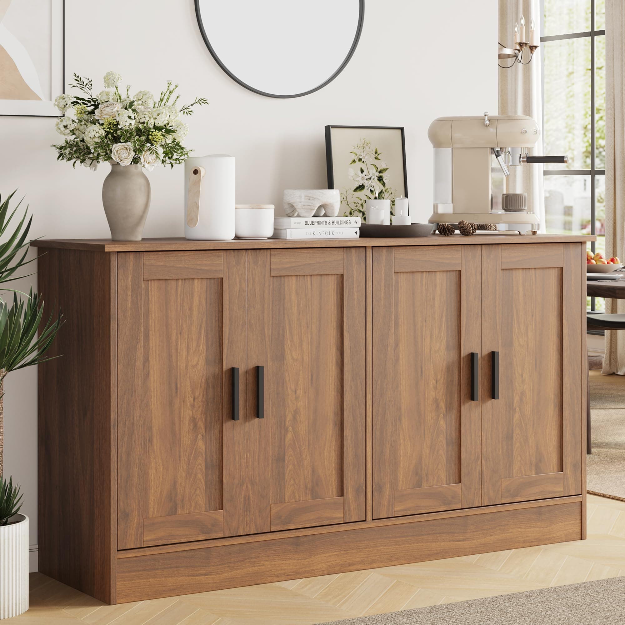 Anystyle 53" Rustic Brown Buffet Cabinet with Storage, Industrial Kitchen Sideboard with 4 Doors & Adjustable Shelves, Entryway Credenza & TV Console Table for Living Room, Dining Room