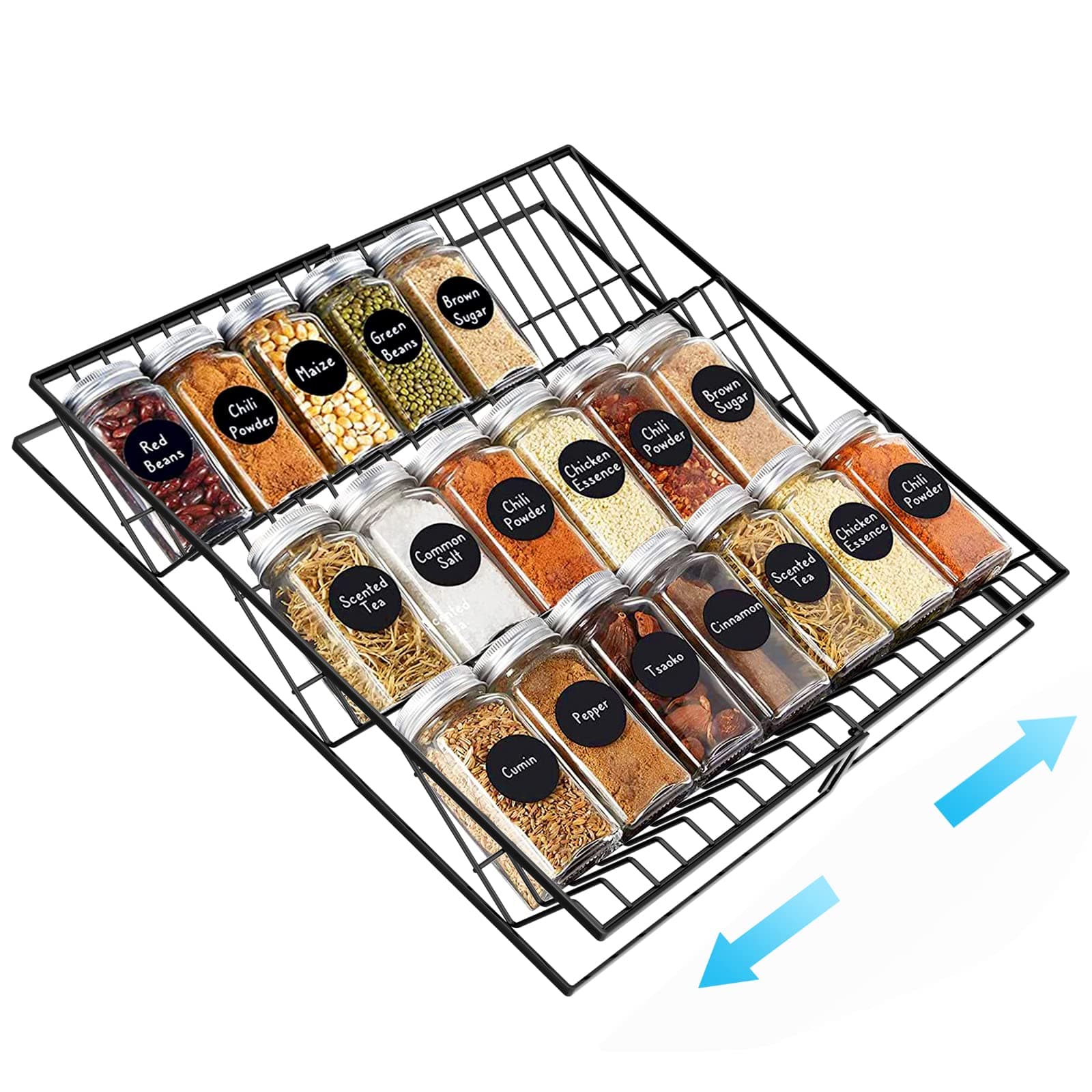 Housolution Spice Drawer Organizer, 2 Pack Expandable Metal Spice Rack Seasoning Organizer for Drawer, 3 Tier Slanted Spice Tray Storage Shelf for Kitchen, Black