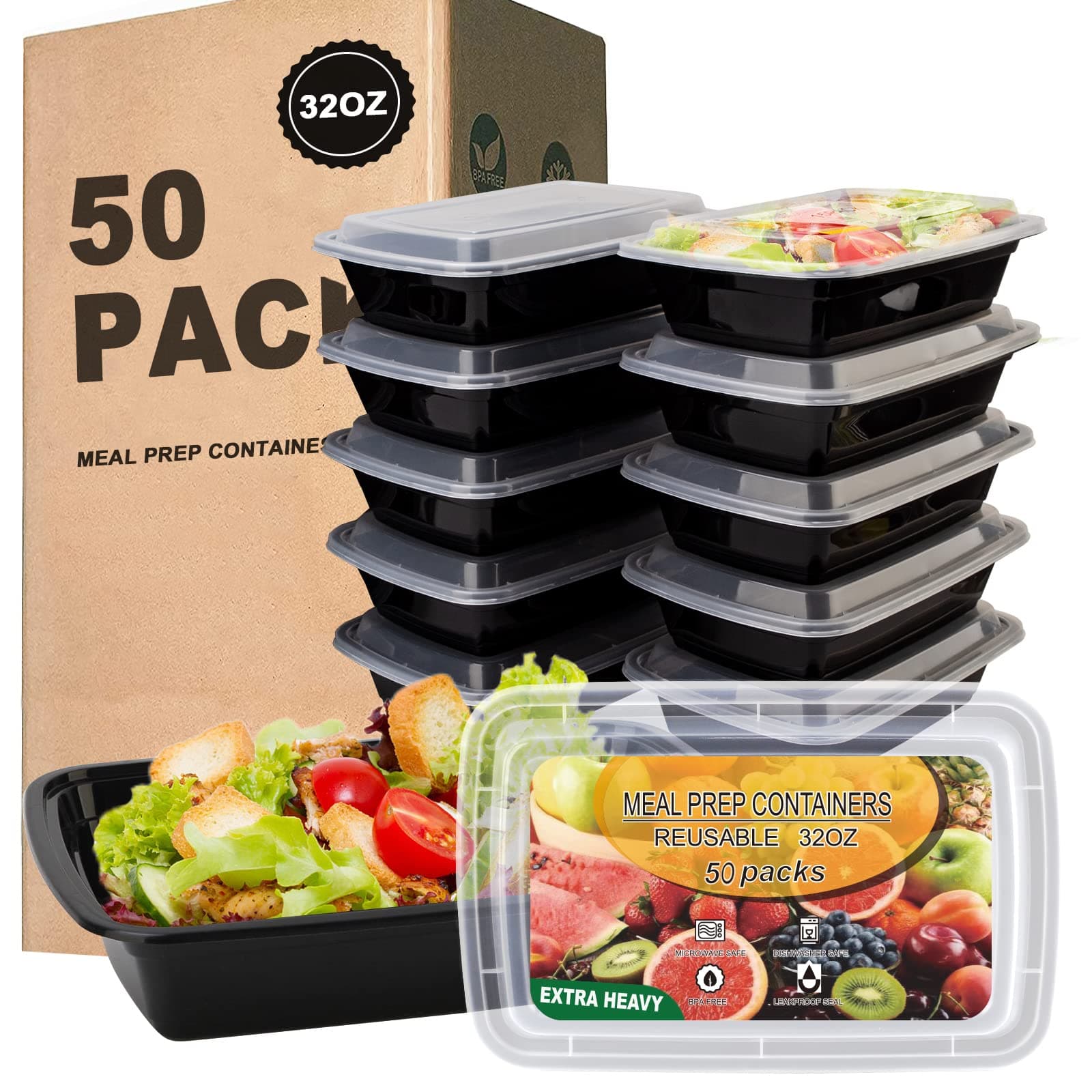 Ezalia 50 Pack- Meal Prep Containers 32oz, Plastic Food Prep Containers Reusable, Leakproof To Go Food Containers with Lids, BPA-Free, Microwave/Dishwasher/Freezer Safe