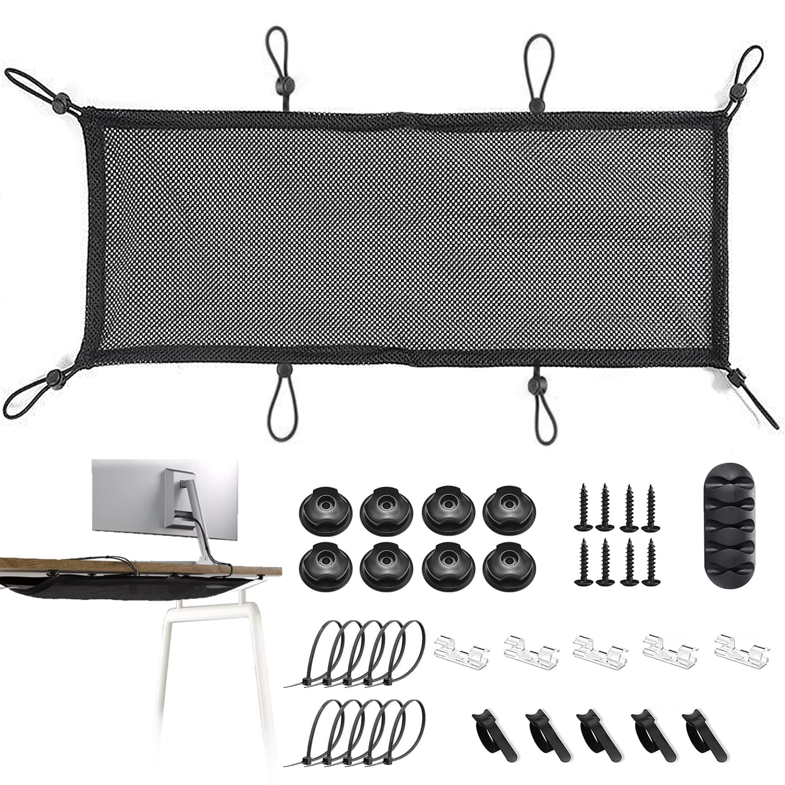 Under Desk Cable Management Net, 36PCS Under Table Cord Management Mesh Organizer Flexible Wire Hiders, Extra Large Capacity Wire Management Kit Under Desk, Fits Most Tables