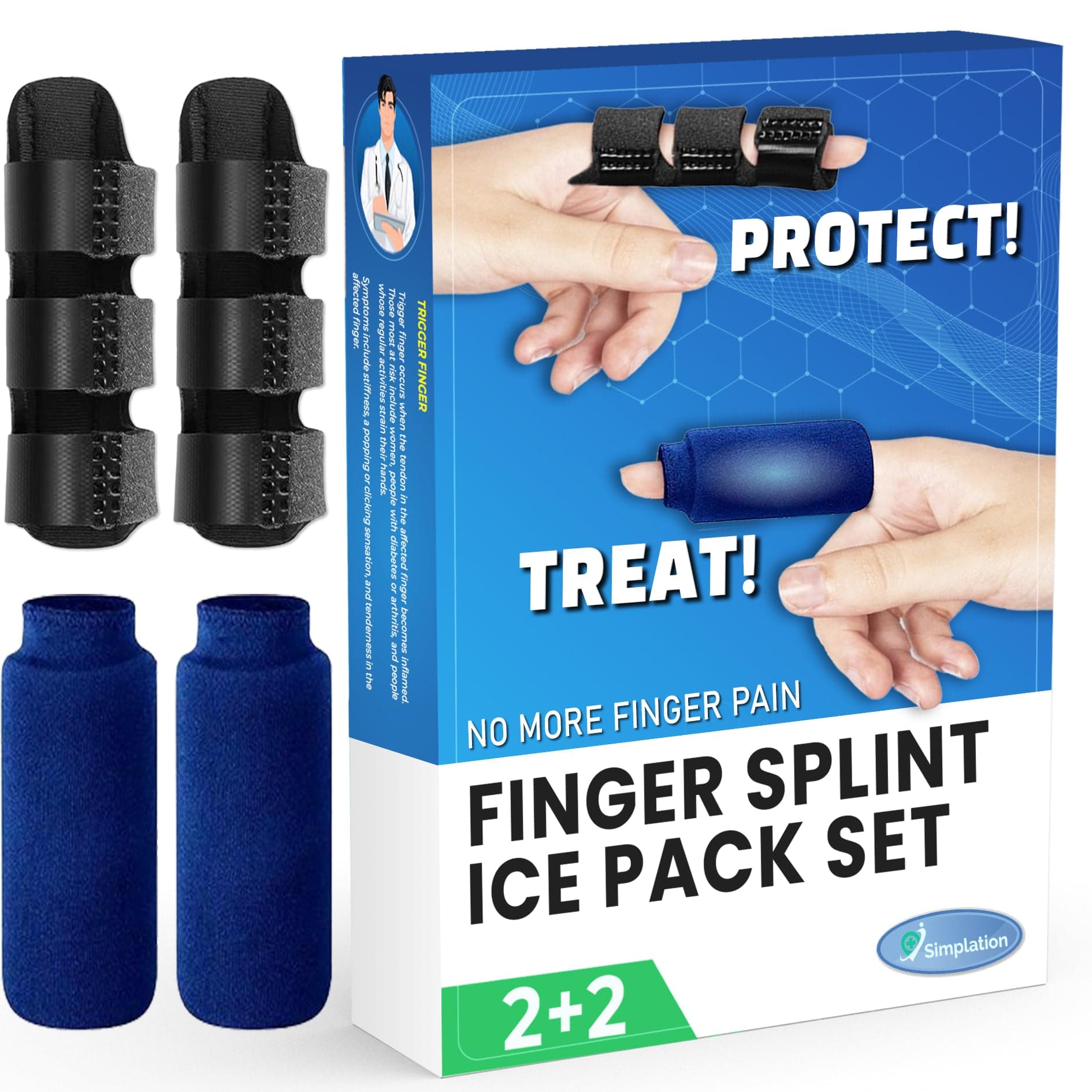 Simplation Trigger Finger Splint and Ice Pack (2+2 Set) for Pain Relief, Knuckle Immobilization, Straightening Arthritis, Injured Mallet Finger, Fits Index, Middle, Thumb, Ring Finger