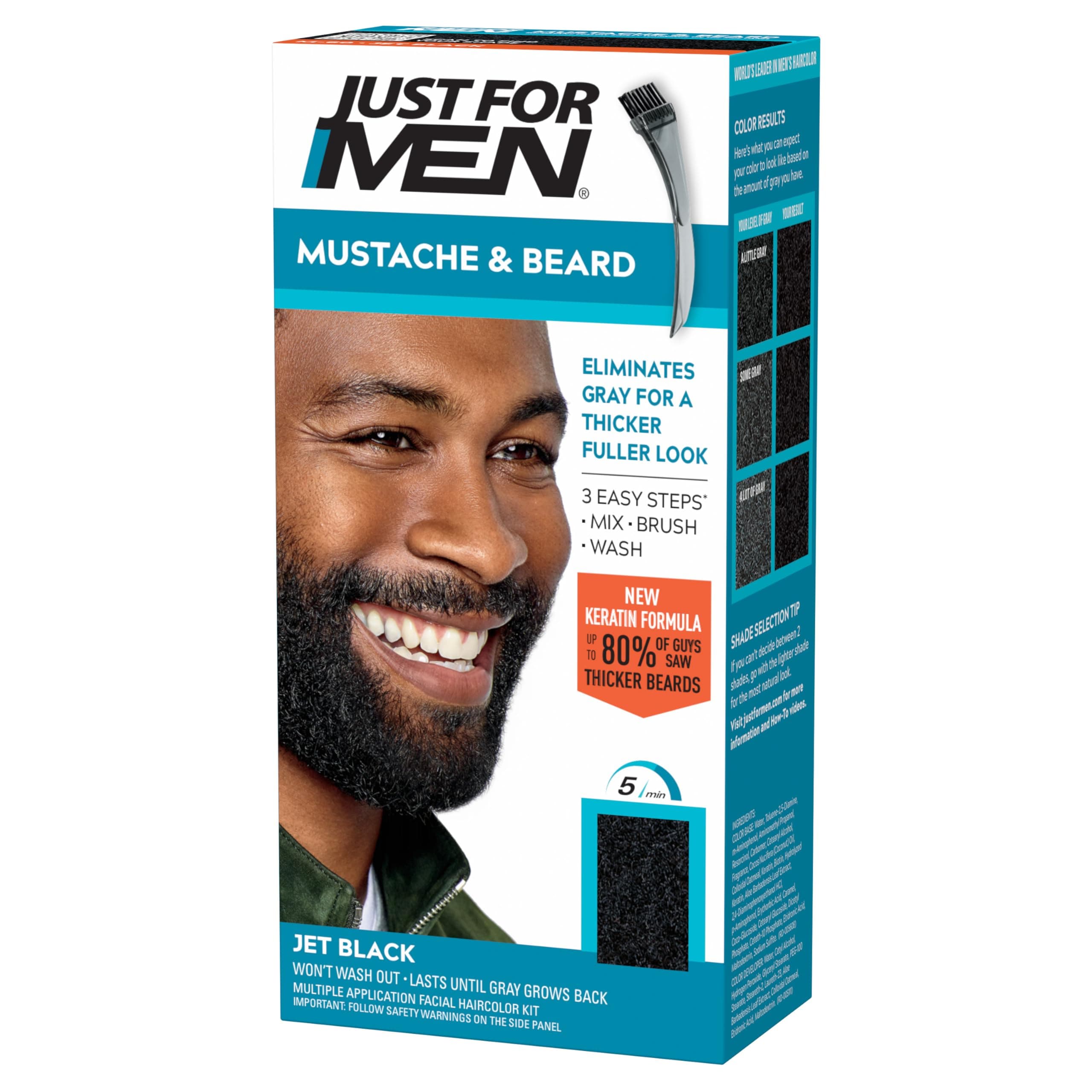 Just For Men Mustache & Beard, multiple uses Beard Coloring for Gray Hair with Brush, With Keratin Biotin Aloe and Coconut Oil for Healthy Facial Hair - Jet Black, M-60, Pack of 1 (Packaging May Vary)
