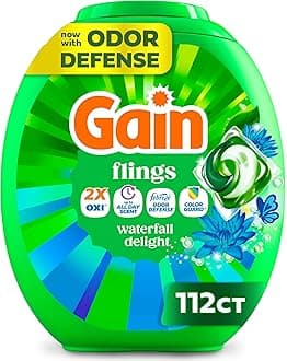 Flings Liquid Washing Detergent Pacs, Now with Odor Defense + Color Guard, Waterfall Delight Scent, 4-In-1 Liquid Laundry Detergent Pods, Clean & Fresh, 112 Count (Packaging May Vary)