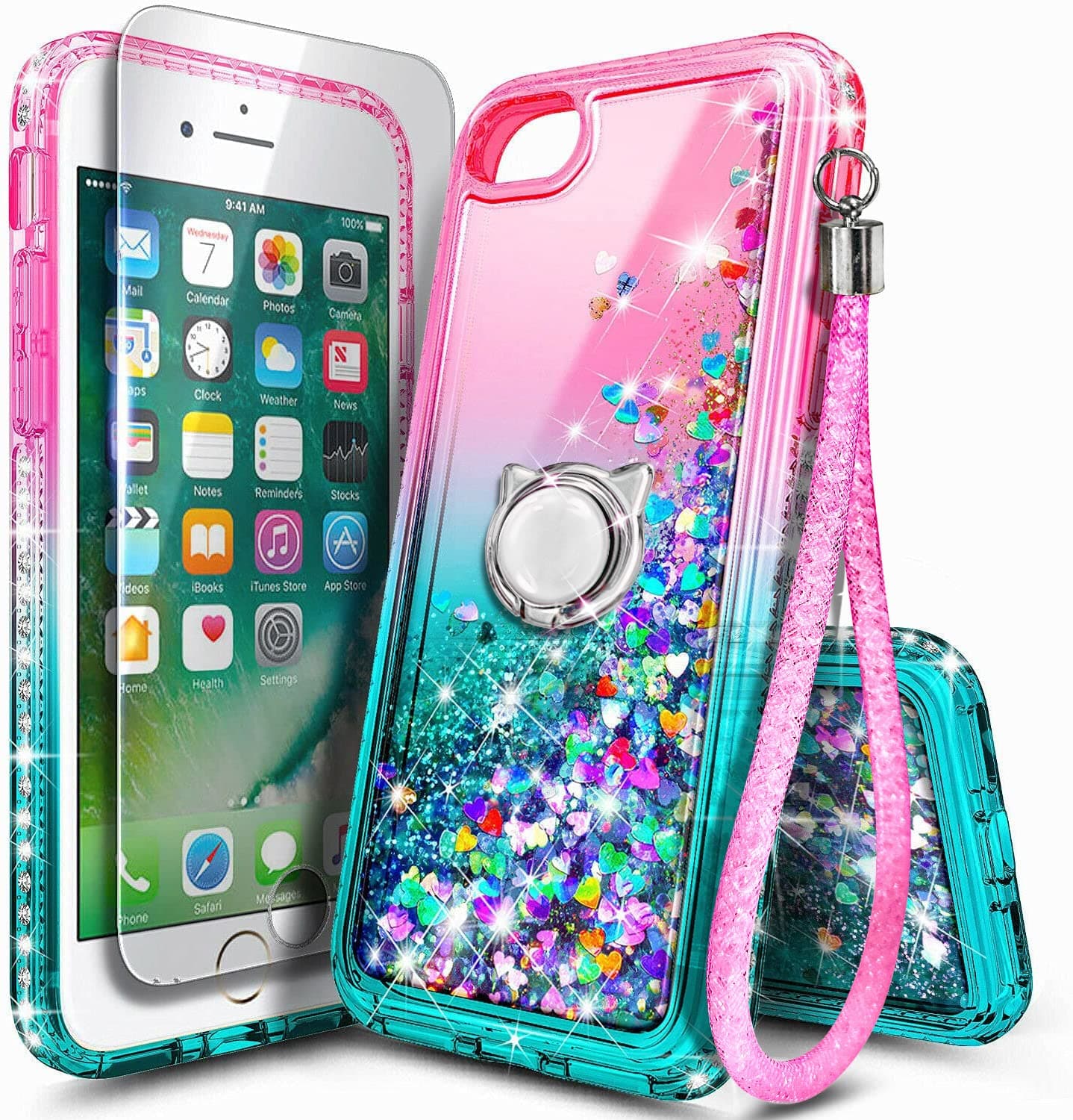 NGB Designed for iPhone SE (3rd 2022 & 2nd Gen 2020)/iPhone 8/7/6/6S Case, Pink/Aqua | Glitter Liquid Cute Cover for Women Girls Kids | with Tempered Glass Screen Protector & Ring Holder-Wrist Strap