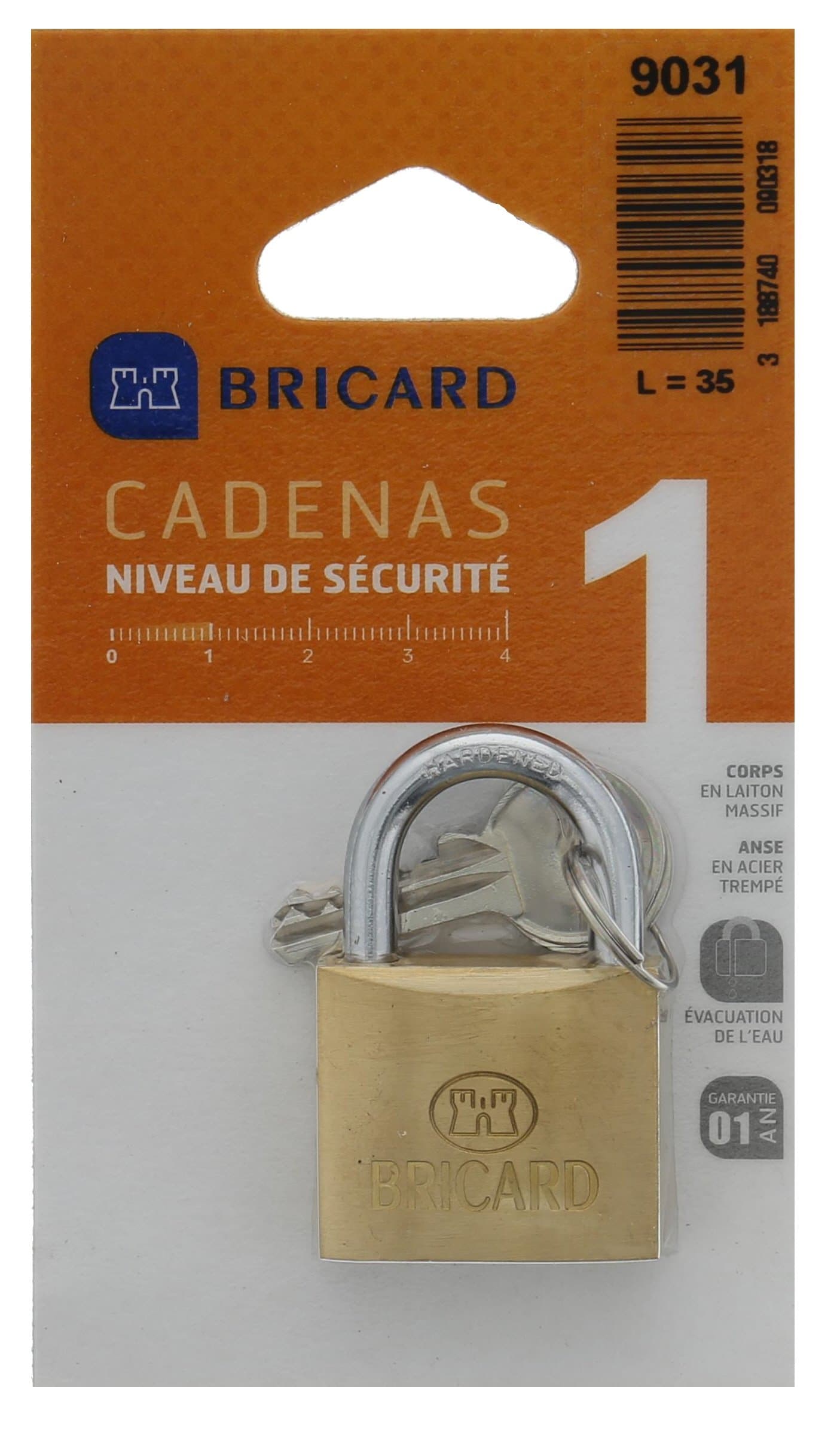BRICARD 9031 Classic Brass Padlock 35mm Handle Normal