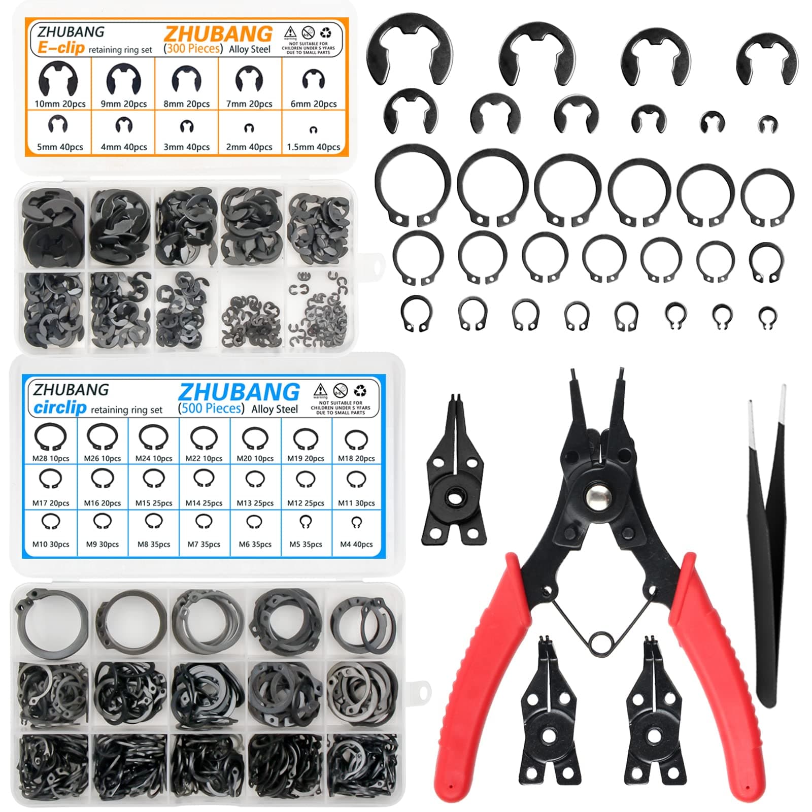 800Pcs C-clip External Retaining Rings Snap Rings Assortment Kit Circlip Alloy Steel(M4-M28) + E-clip Retaining Rings Assortment Set(1.5mm-10mm) + 5Pcs Snap Ring Plier + Tweezer