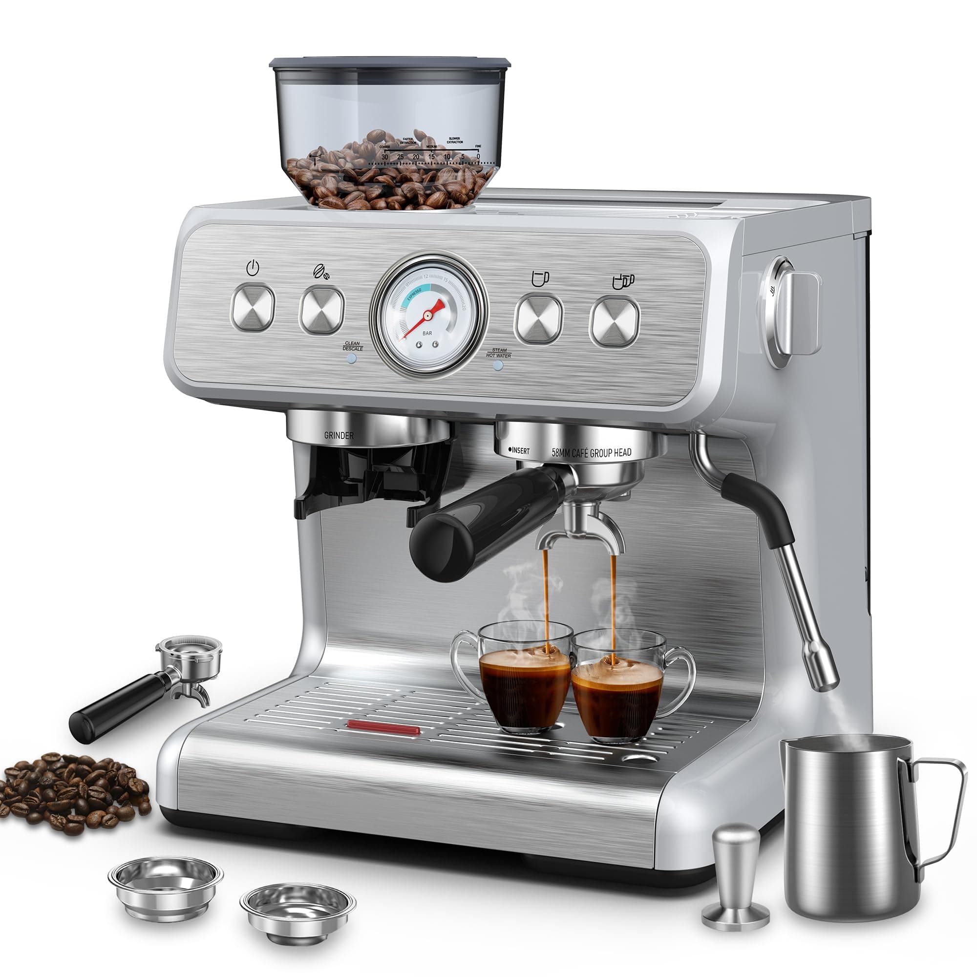 Electactic Espresso Coffee Machine With Built-in Grinder, Professional 15 Bar With Milk Frother, Stainless Steel, Removable Water Tank