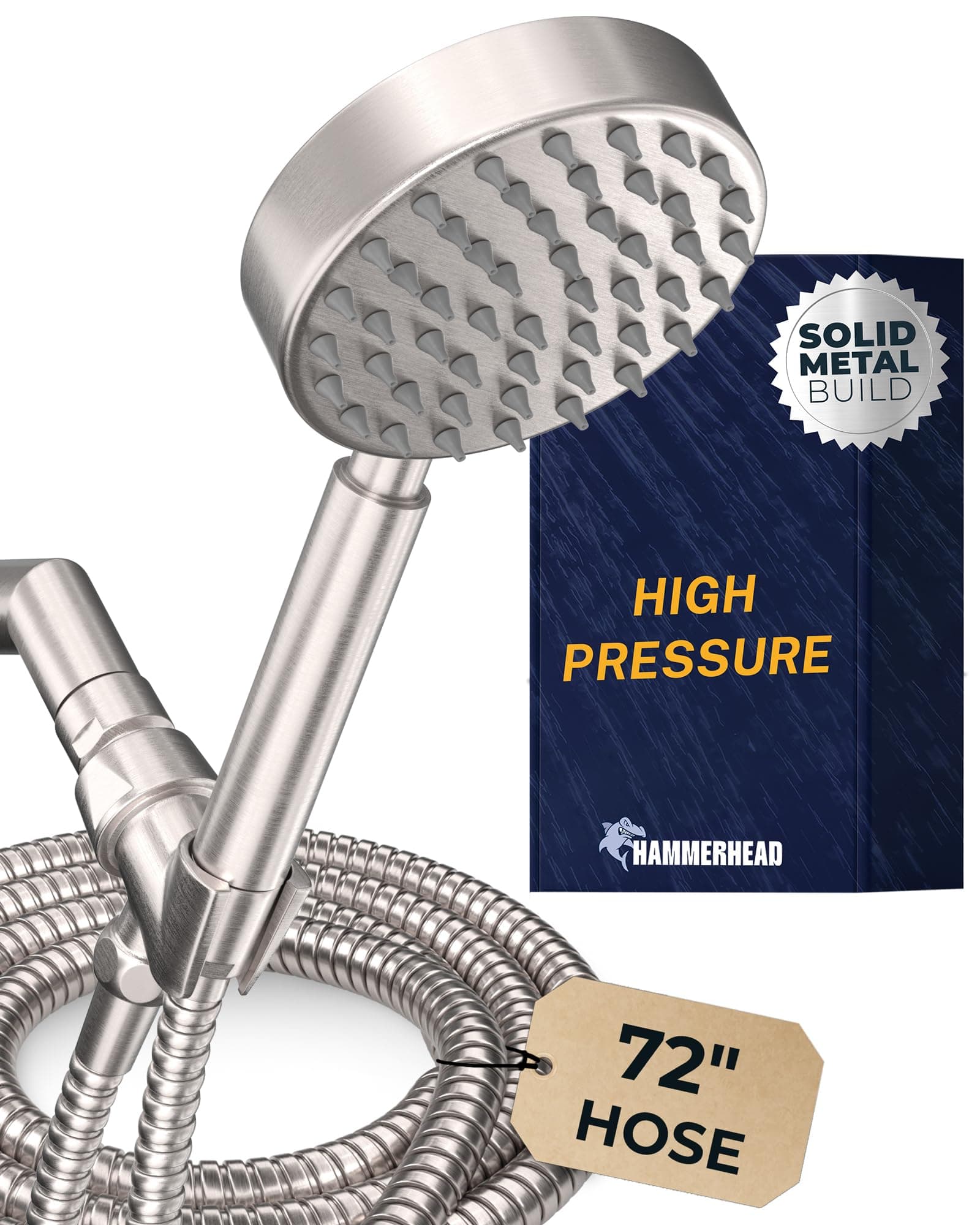 100% Solid Metal Hand Held Shower Head Set with 2.5 GPM High Pressure Spray Wand, 72" Long Stainless Steel Hose & Brass Holder Bracket for Hotel Quality, Brushed Nickel
