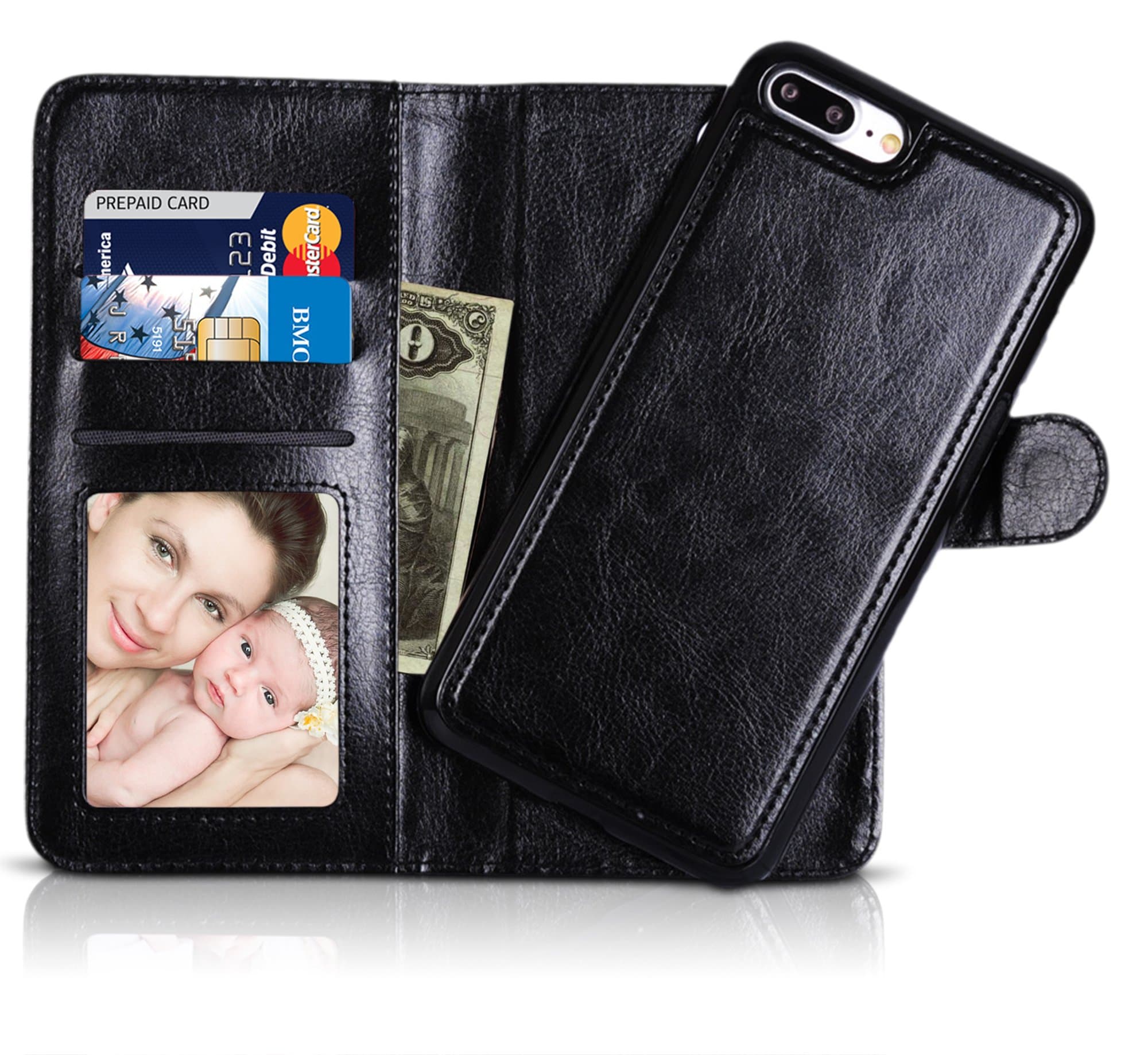 iPhone 7 Plus Wallet Case, iPhone 8 Plus Wallet Case, XERUS [2 in 1] Premium Quality Detachable Removable Wallet Leather Retro Case for iphone 7+ & 8+ (BLACK)