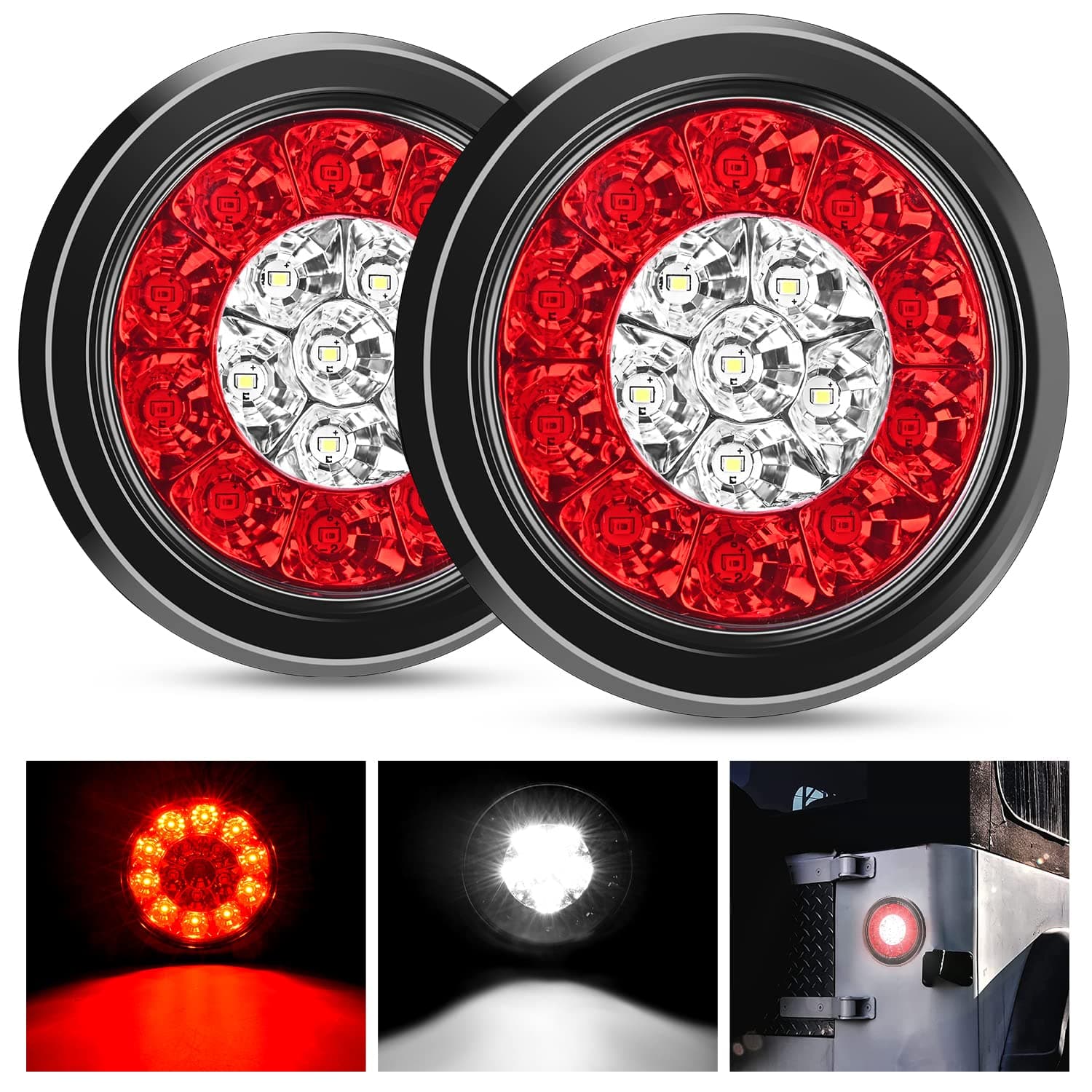 2PCS 4" Round Red White LED Trailer Tail Lights 16LEDs w/Flush Mount Grommets IP67 Waterproof Stop Brake Running Reverse Light for Trucks Trailer RV, 2 Years Warranty